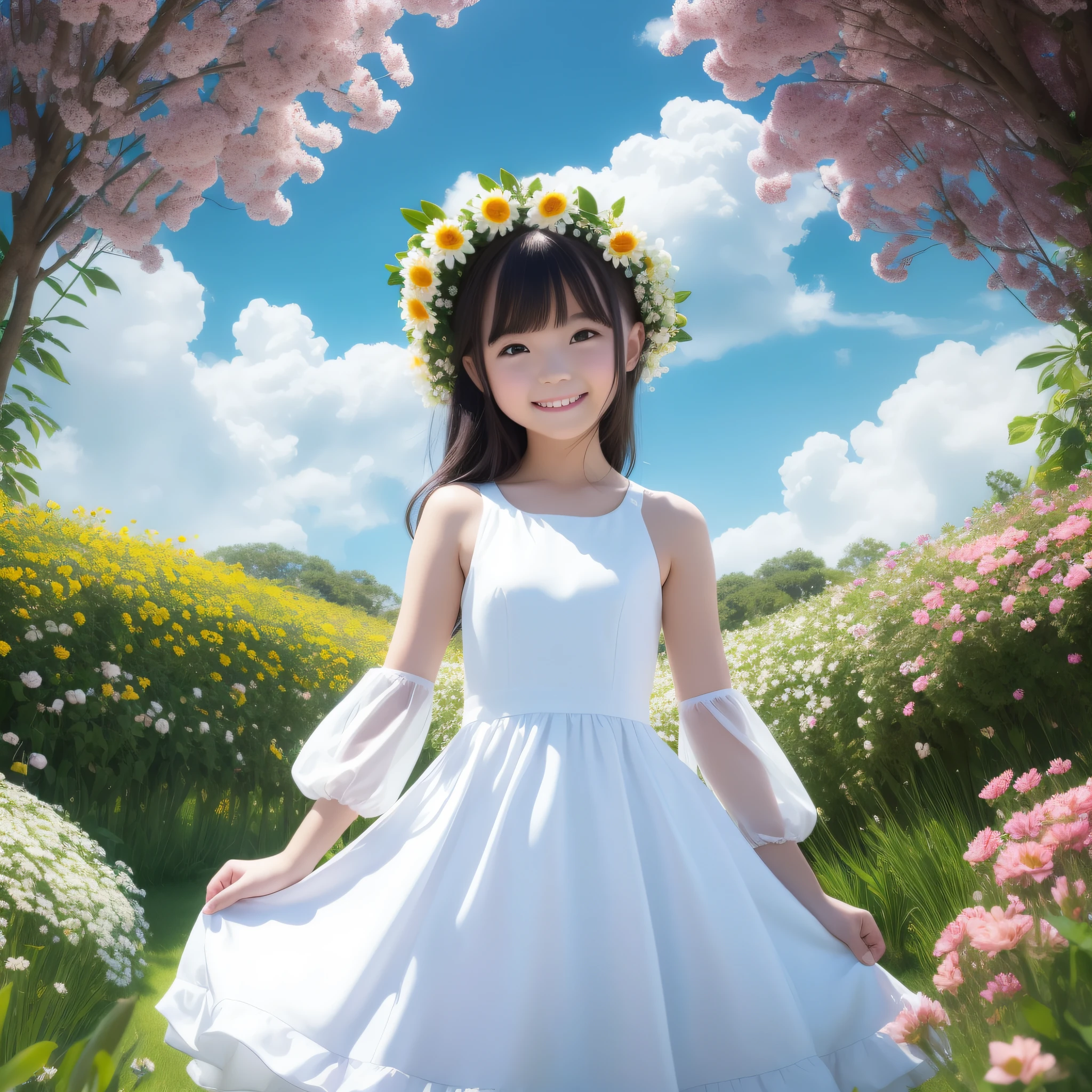 1  girl, grinning, full body, ((flower garden)), ((white dress)), (small face)), ((blue sky)), ((innocent)), ((naïve)), black hair