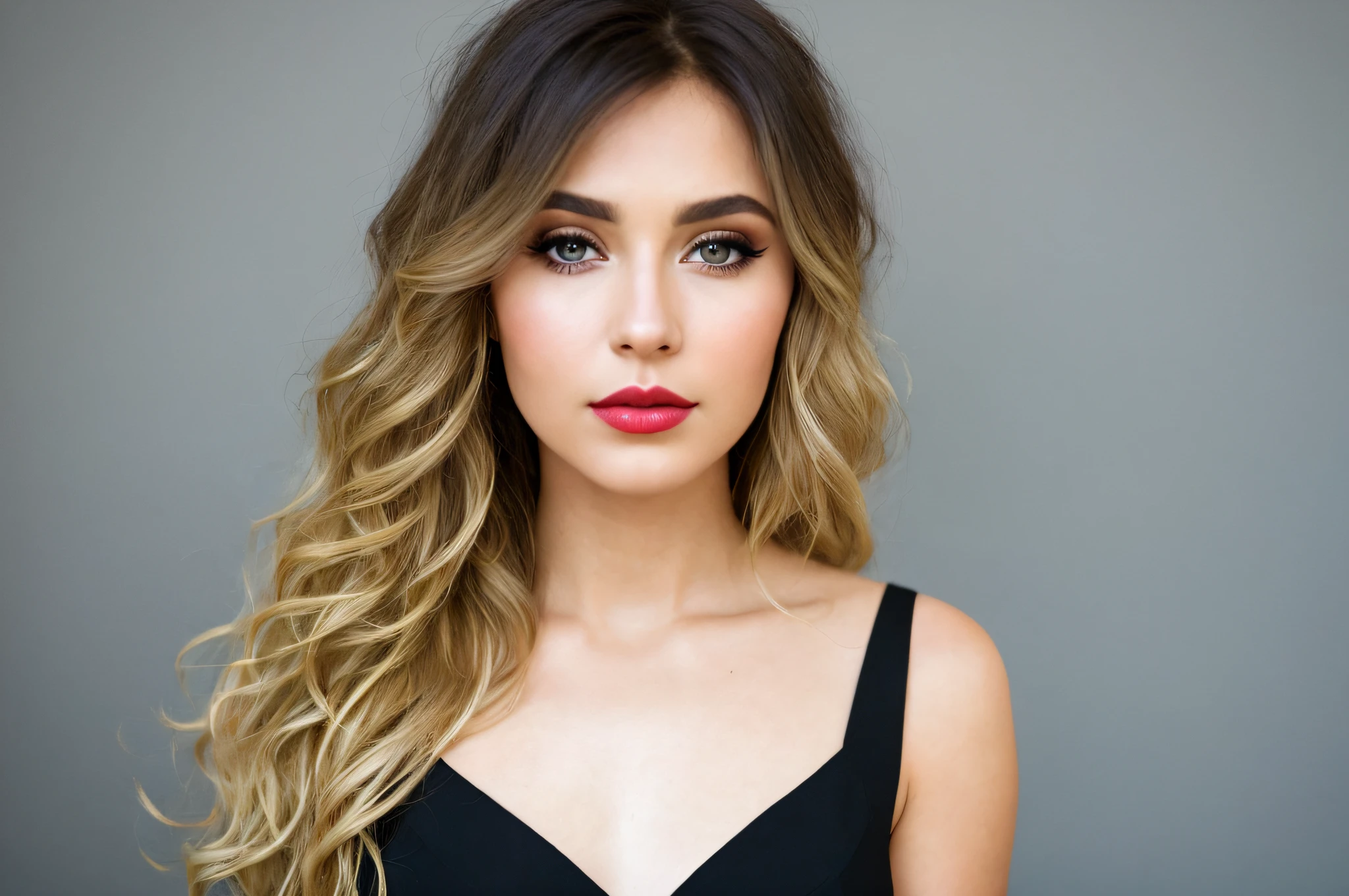 HelgaGrey, woman, (to8contrast style), (Close-up portrait), bold lips, 8k RAW photo, highest quality, detailed hazel-blue eyes, eye reflection, winged eyeliner, (looking at the viewer:1.3), best shadow, intricate details, interior, vibrant wavy Long hair layers with a side part, (blonde hair:1.3), muted colors, high contrast style, glam shot, smoldering, (sultry:1.1), dof, bokeh, intense, languid, tempting, sensual, seductive, longing, yearning, smitten, dark photography studio, minimal lighting, deep shadows, stark contrasts, dramatic highlights, (black backdrop:1.2), dimples, fullness, plumpness, natural pout, lusciousness, red lips, bold color, alluring, captivating, striking, unforgettable, stunning, breath-taking, timeless beauty. (bare shoulders:1.2), headshot