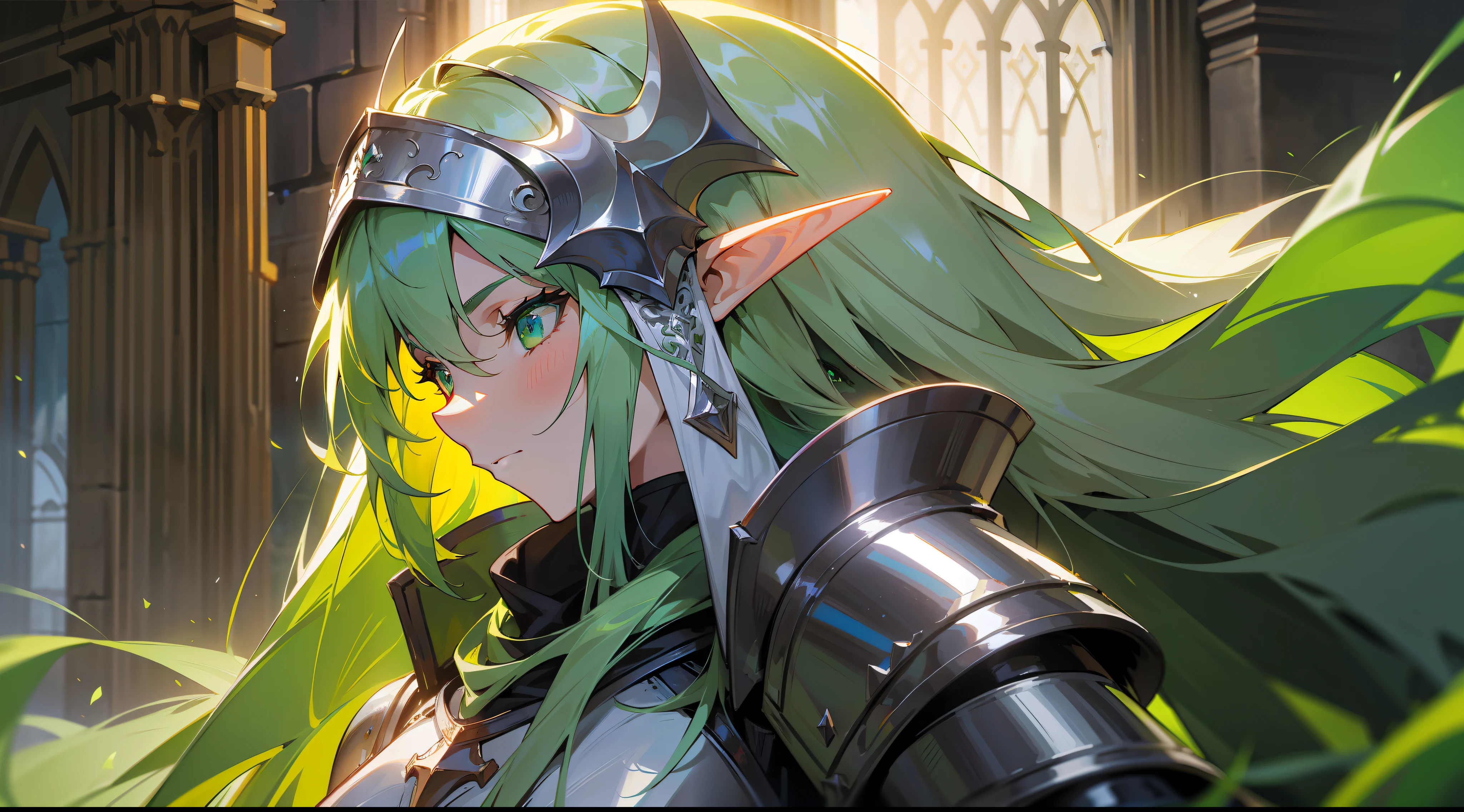 elf, long straight green hair, green eyes, paladin, silver heavy armor, heroic pose, serene expression, fantasy, medieval, dark dungeon, lens reflection