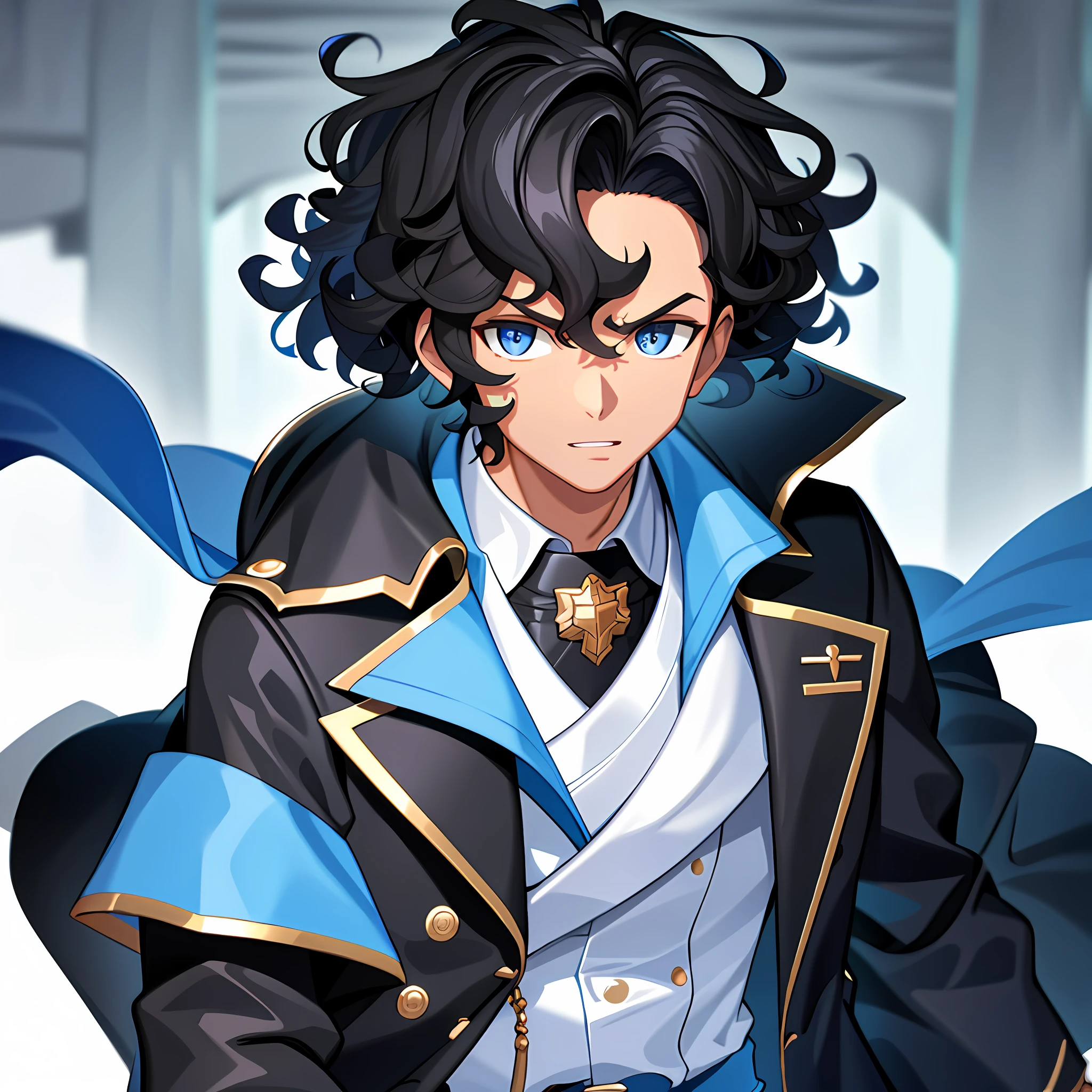 Black boy with curly hair wearing a blue coat