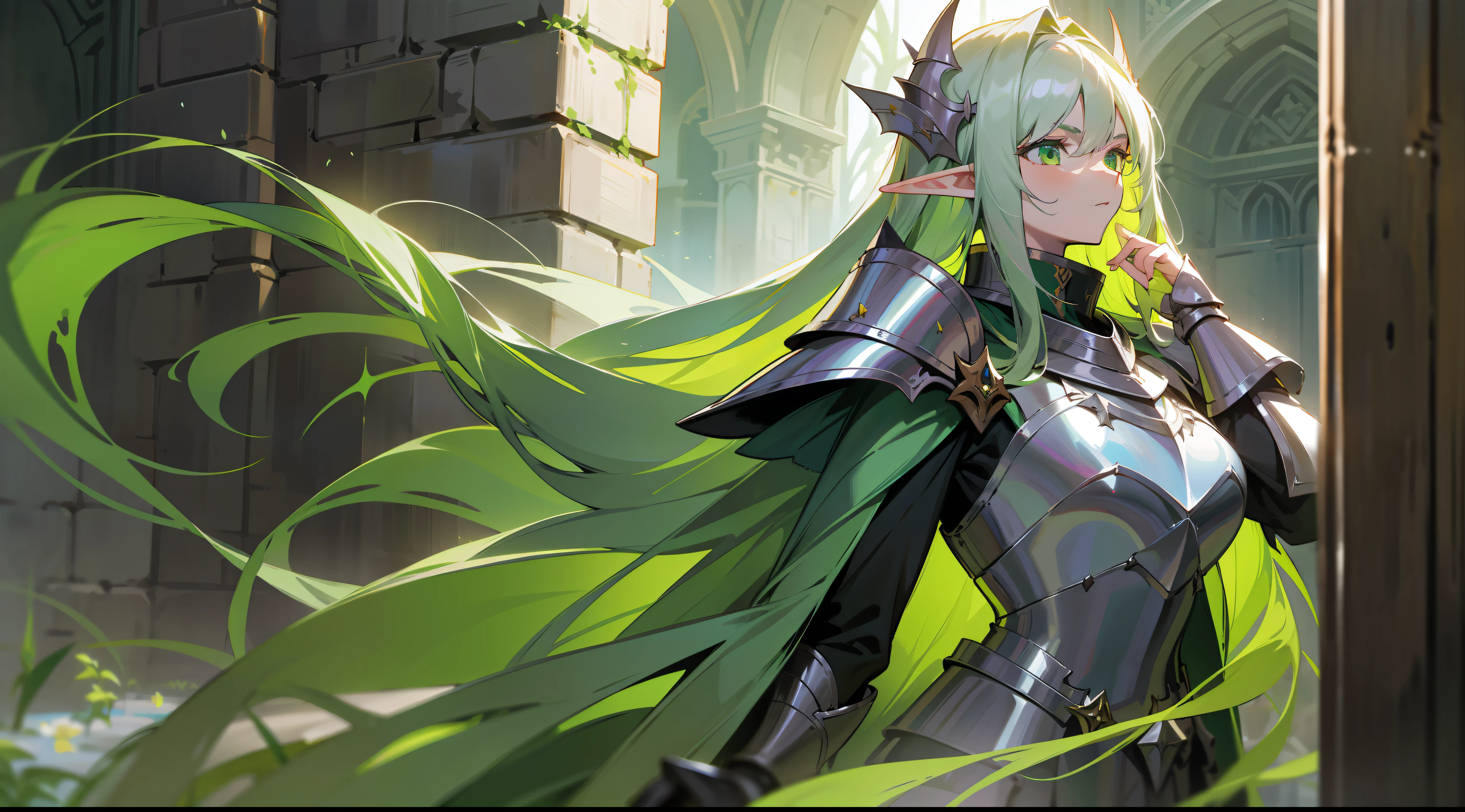 elf, long straight green hair, green eyes, paladin, silver heavy armor, heroic pose, serene expression, fantasy, medieval, dark dungeon, lens reflection
