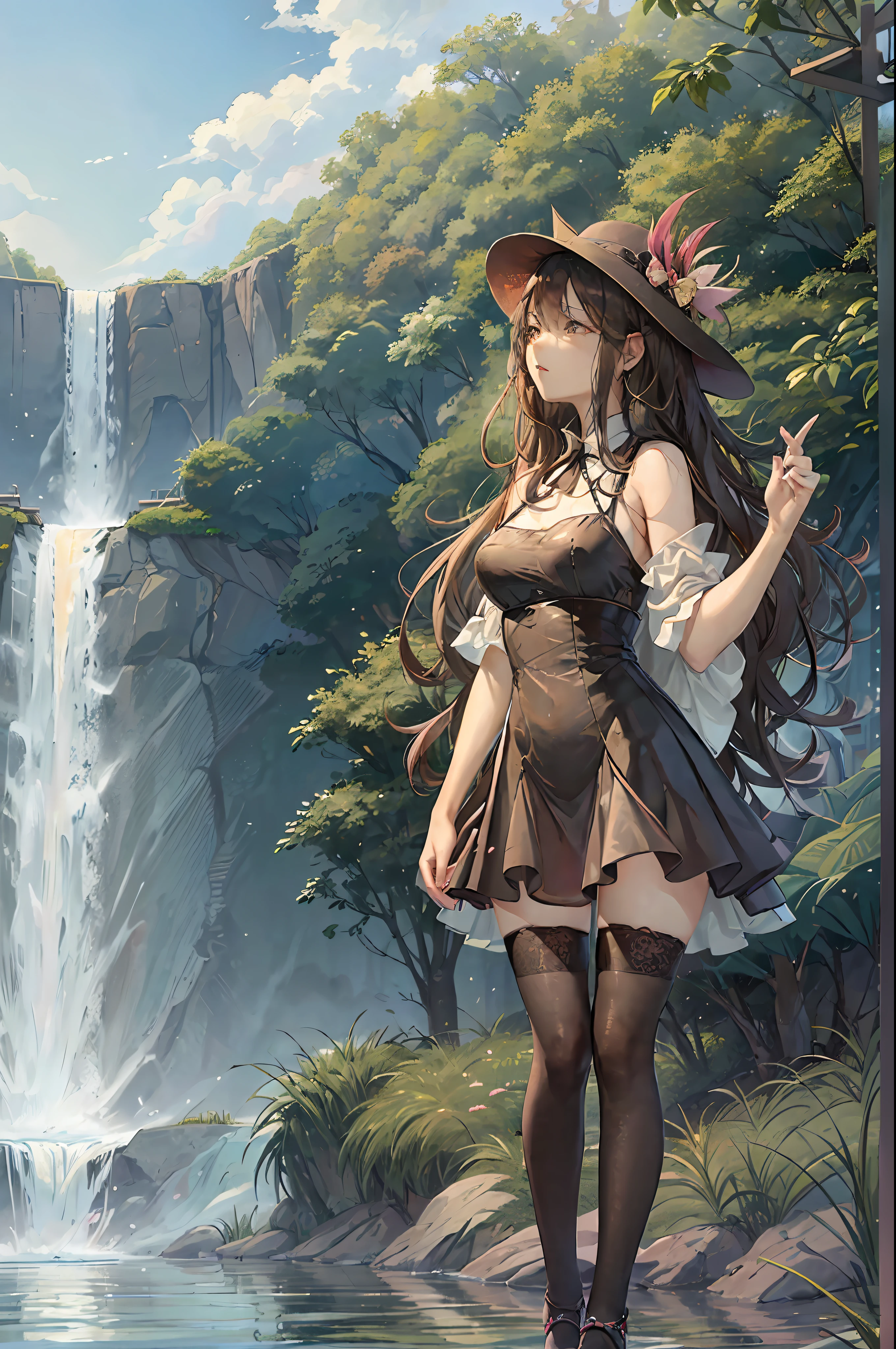 araffe woman in a black dress standing in a river, 🤬 🤮 💕 🎀, next to a waterfall, ji-min, rin, 😭 🤮 💕 🎀, heonhwa choe, profile pic, smooth in _ the background, stream of love and happiness, sun yunjoo, actress, river in the background, jiyun chae