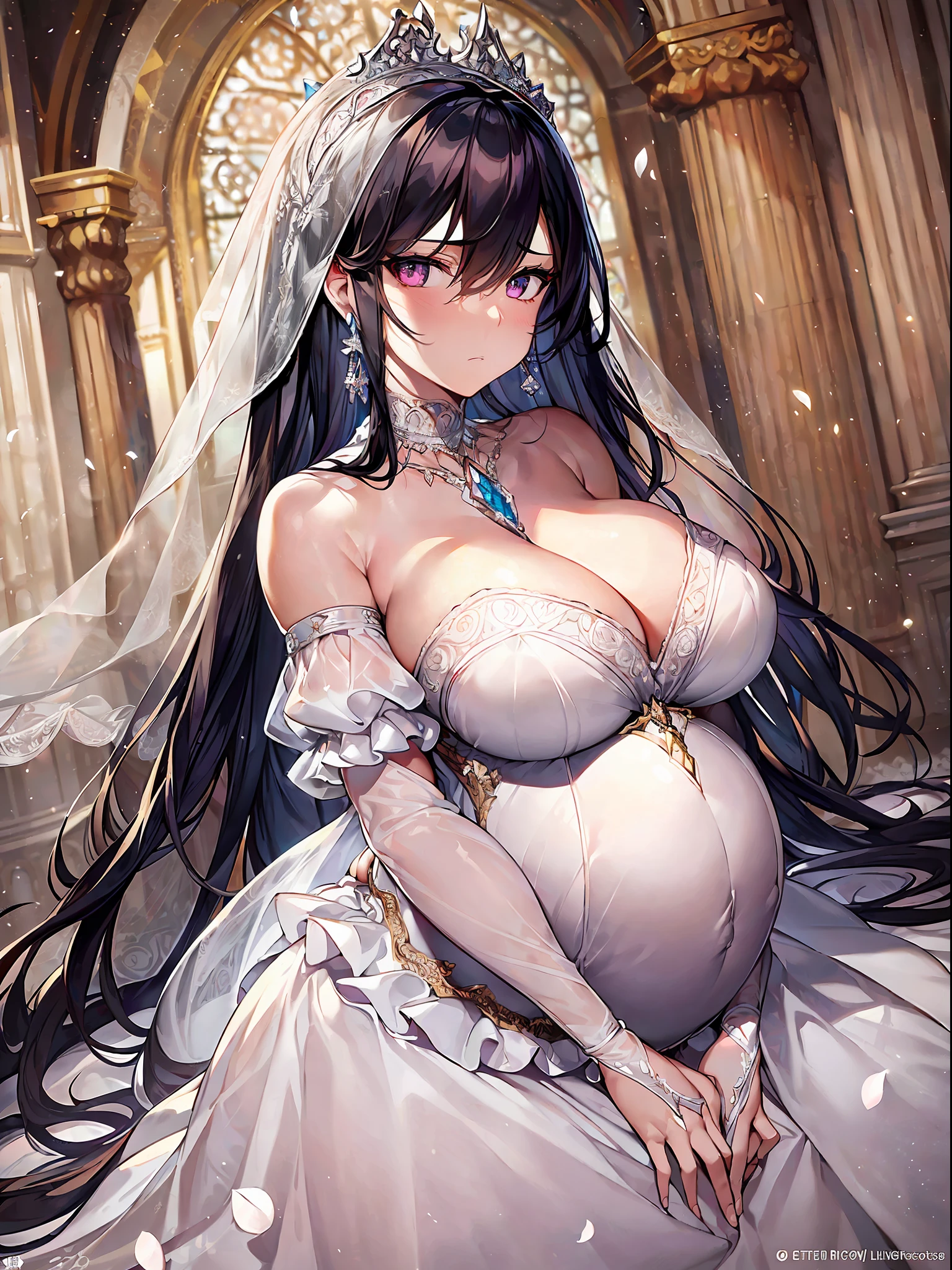 ((anime artstyle)),(((Masterpiece))), ((Best Quality)), ((Super Detail)), Illustration, (((Very Delicate and Beautiful))),Dynamic Angle,dynamic pose,Looking at viewer,((((Solo)))),(((Full body))),(((1 arrogant pregnant empress in See-through white wedding dress having a wedding ceremony in a royal palace))),((((heavily pregnant)))),last month of pregnancy,(standing),((embarrassed)),anguish,Purple eyes,(Sharp eyes),Detailed Face, Long Eyelashes,Jet Black Hair,Straight Hair,((Very Long Hair)),Bangs between eyes, ((((gigantic breasts)))),cleavage,skindentation,curvy,See-through,(((fusion of See-through white wedding dress and white rococo ball gown))),(fluffy See-through white wedding dress with gorgeous embroidery),(((hoop skirt))),long skirt,corset,crinoline,long bridal veil,opera gloves,Beautifully Gorgeous jeweled big tiara,Beautifully Gorgeous gem earrings,Beautifully Gorgeous jeweled necklace,Beautifully Gorgeous jeweled ornaments,indoor,white lily flowers, flower petals flowing,Stained glass,light particles,