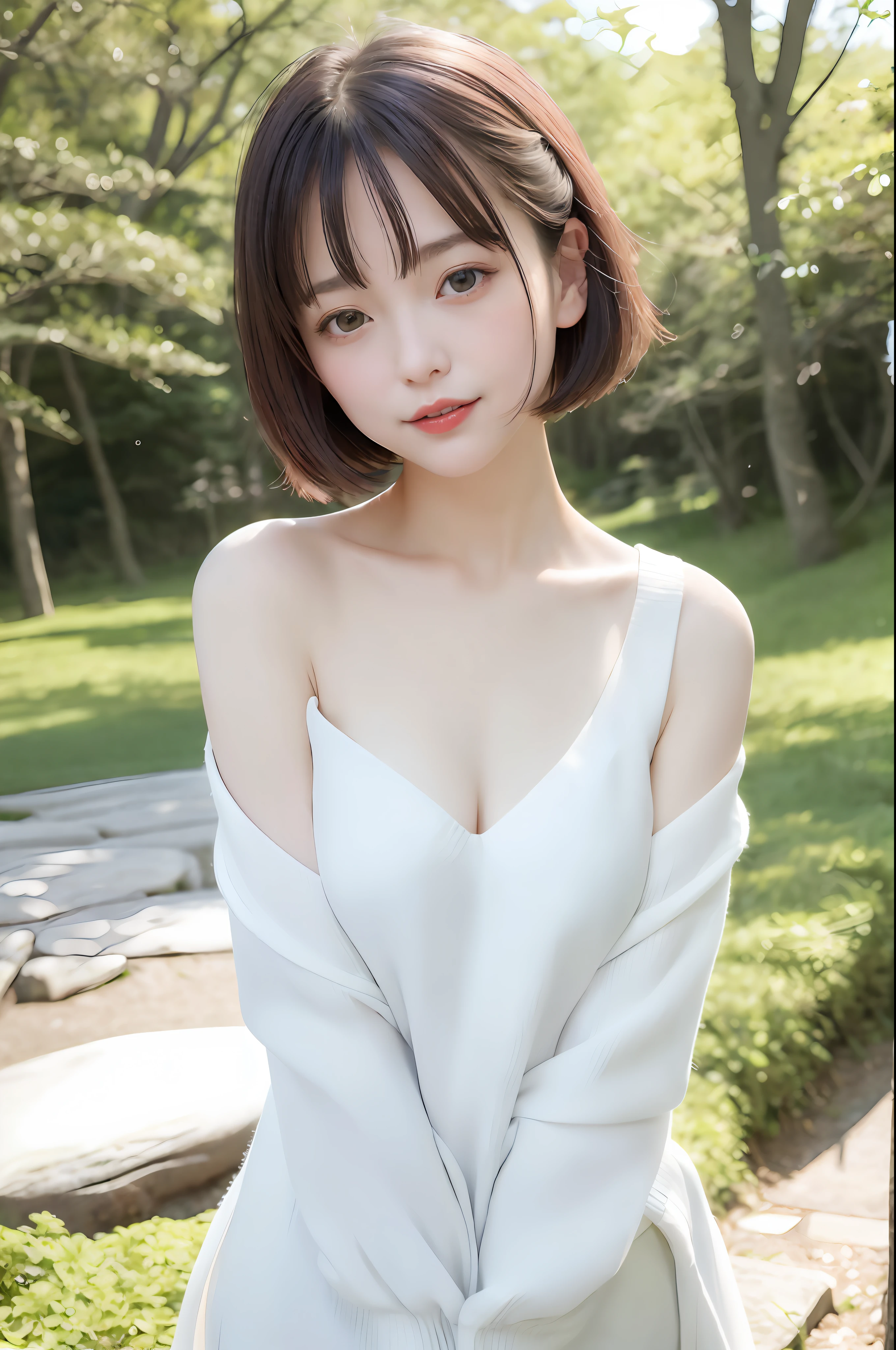 A japanese woman stands in a park where white clover blooms all around, a forest can be seen in the background, exquisite and beautiful face, exquisite collarbone, seductive and delicate collarbone, charming A japanese woman stands in a park where white clover blooms all around, a forest can be seen in the background, exquisite and beautiful face, exquisite collarbone, seductive and delicate collarbone, charming fragrant shoulders, shoulders slightly exposed, open-shoulder long sweater,sky blue sweater, pretty face, peach Red lips, tender and smooth skin,(white skin:1.6),black hair,(bob hair:1.2), short hair,(smile:1.2),smile with teeth, white teeth,realistic details, ultra-high resolution,bokeh,pigeon chest, full body