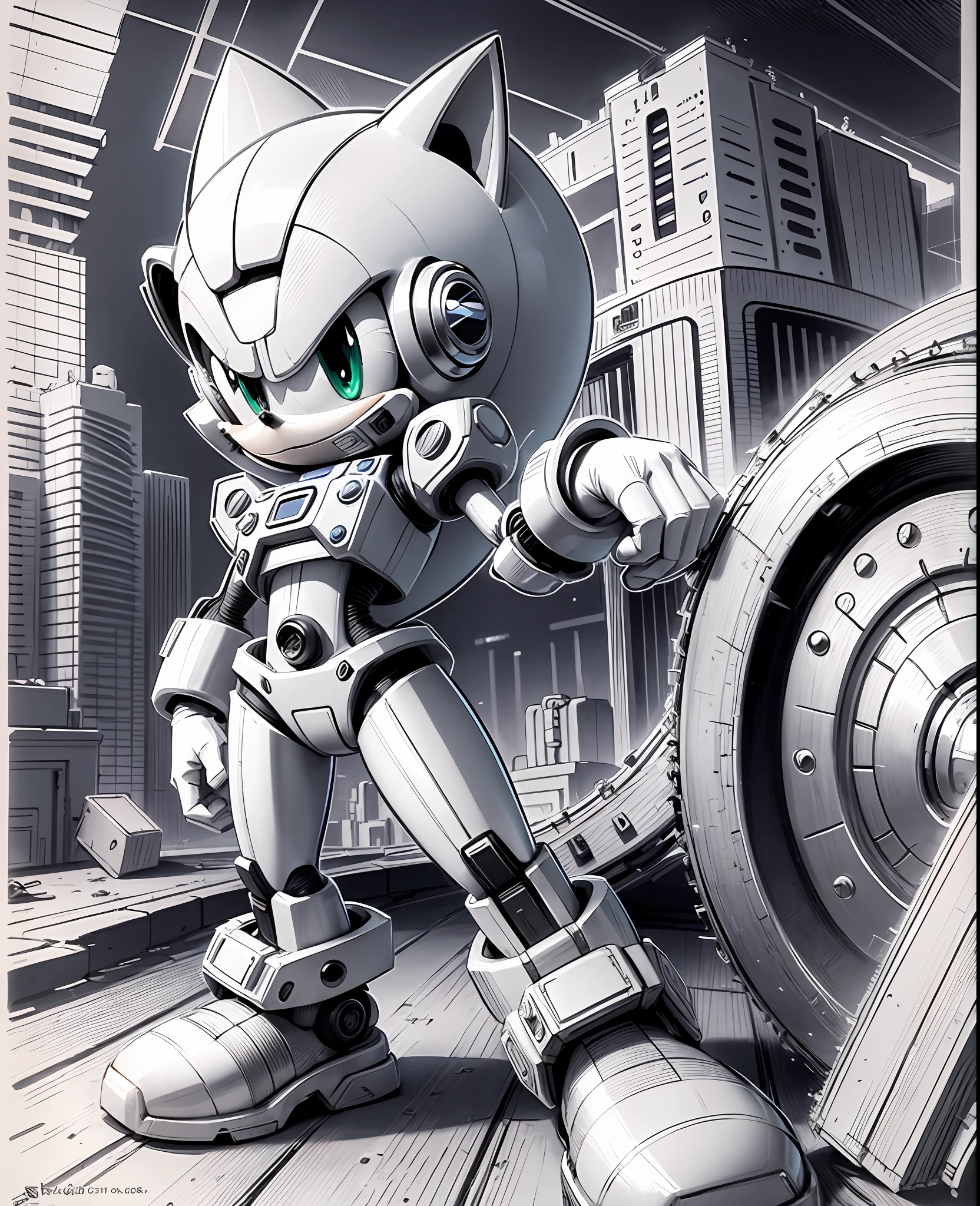 coloring page for kids, robot sonic in a industry, cartoon style, thick lines, low detail, no shading --auto --s2
