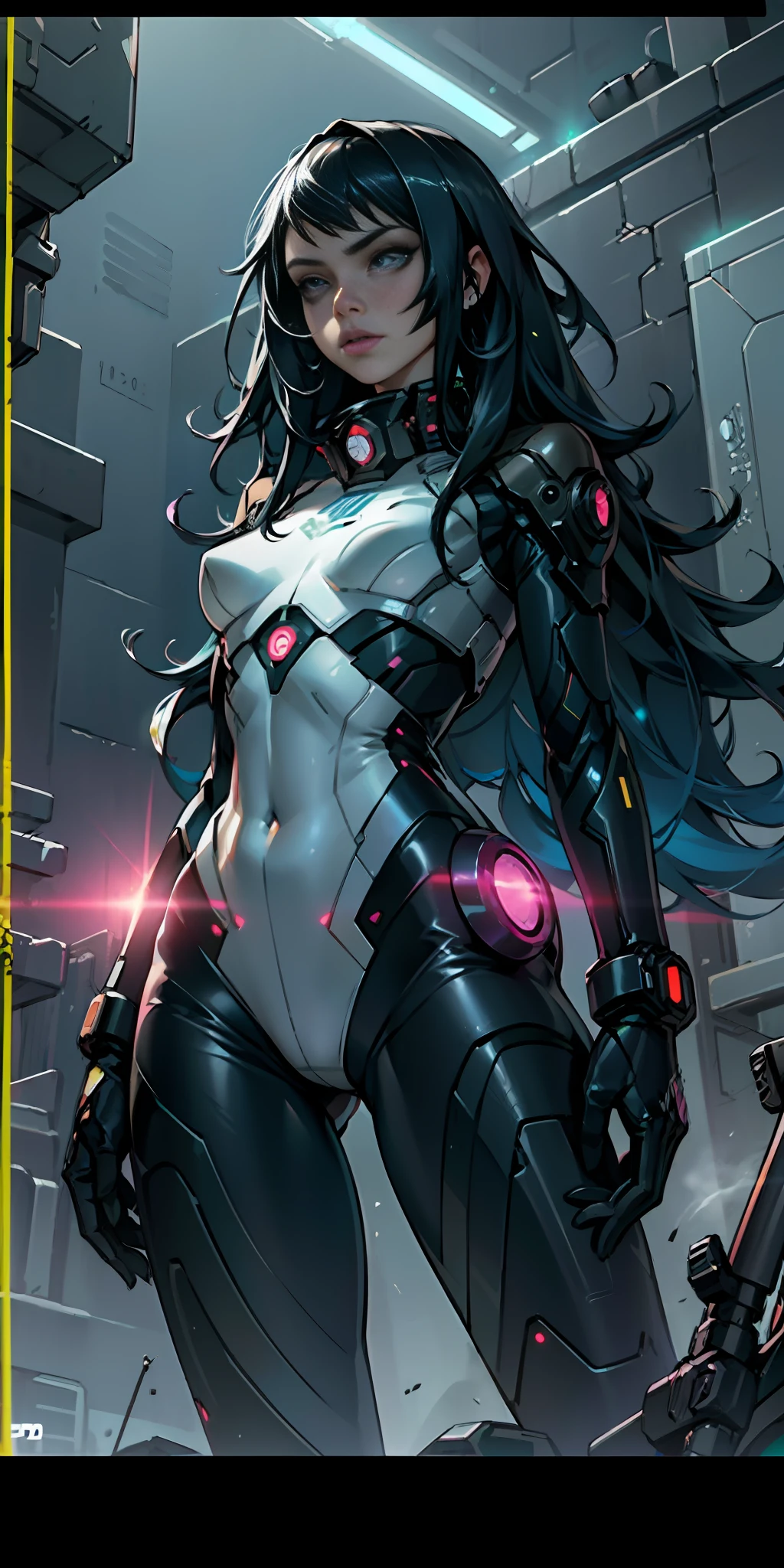 cybernized girl with cyberpunk prosthetics in single underpants, long hair, Spaceship inside, futuristic style, Sci-fi, hyper detailed, laser in center, laser from the sky, energy clots, photorealism, hyper realism, acceleration, light flash, speed, painting, 8K, HD, super resolution , Cinematic, Long Exposure, 8K, HD, Super-Resolution, Laser