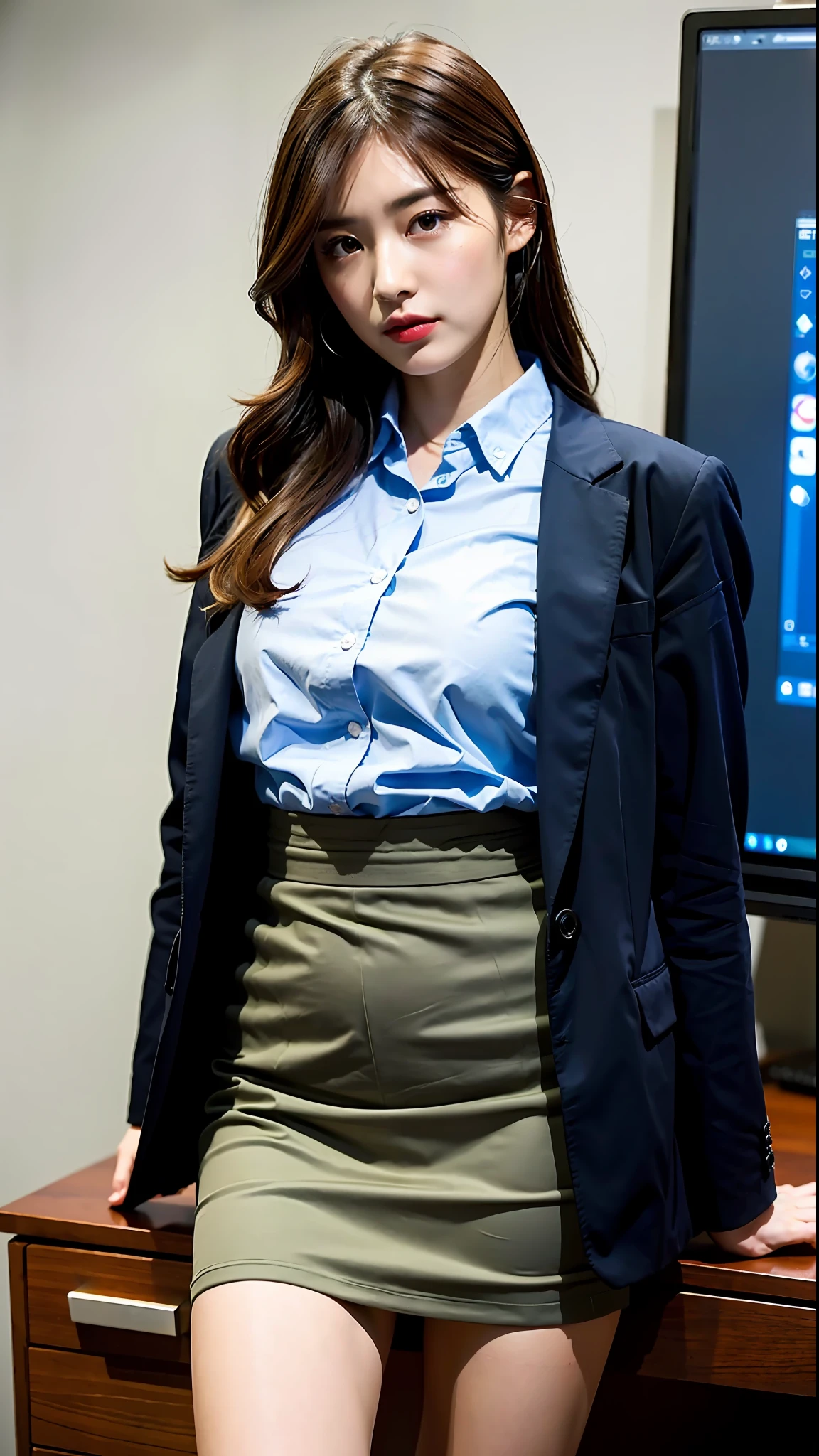 (Best Quality, 8k, 32k, Masterpiece, UHD: 1.2), 1 girl, 20 years old, beautiful Japan woman, super big, constricted waist, suit, color open jacket, office lady, mini skirt, beautiful legs, office, desk,