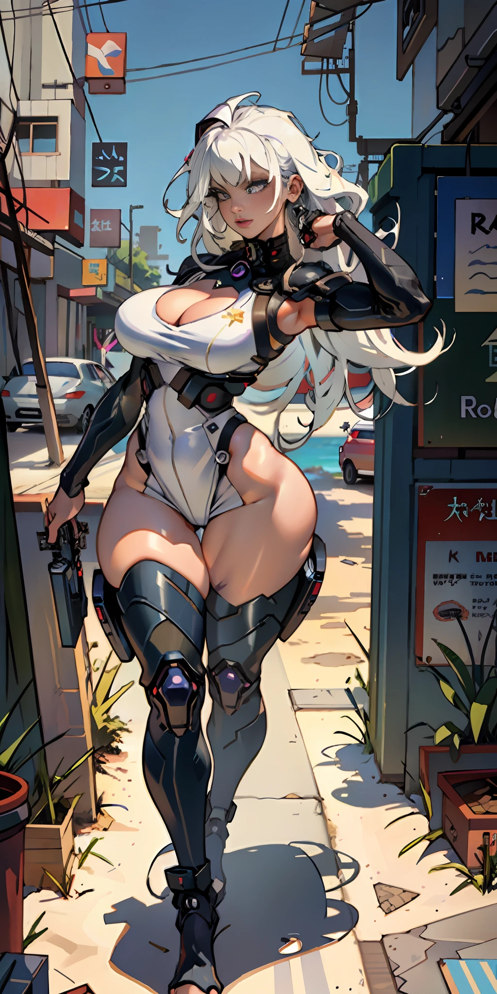 Beautiful black woman white hair, big breasts, breasts down, detailed realistic cyberpunk style, masterpiece, extreme quality, perfect eyes, perfect body, perfect face, cinematic light, digital drawing, neckline, big breasts,1girl only, 2 legs only, two arms, perfect body, mature female, soft, perfect and detailed hands, firing her gun, detailed beach background, thick eyelashes, makeup, shade, curvy, African