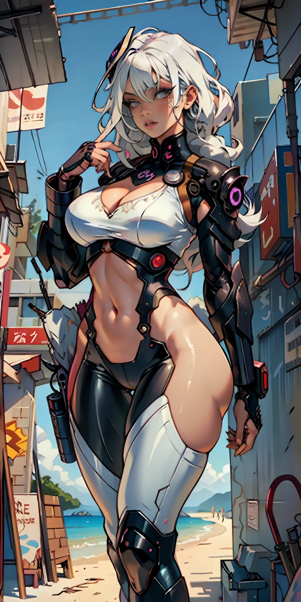 Beautiful black woman white hair, big breasts, breasts down, detailed realistic cyberpunk style, masterpiece, extreme quality, perfect eyes, perfect body, perfect face, cinematic light, digital drawing, neckline, big breasts,1girl only, 2 legs only, two arms, perfect body, mature female, soft, perfect and detailed hands, firing her gun, detailed beach background, thick eyelashes, makeup,  shade, curvy, African