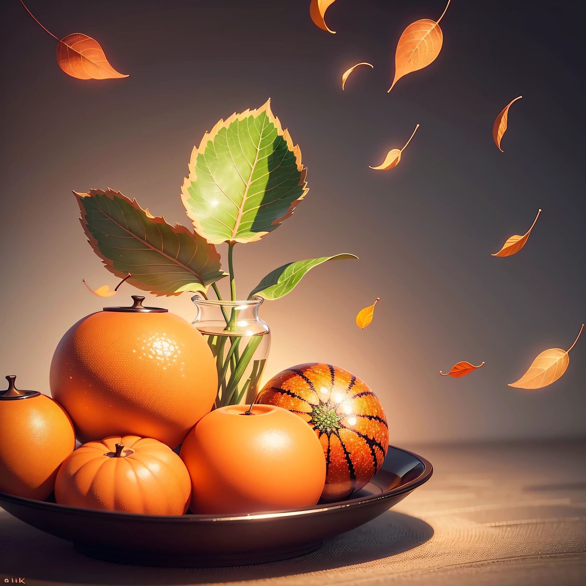 (extremely detailed CG unity 8k wallpaper,masterpiece, best quality, ultra-detailed),(best illumination, best shadow, an extremely delicate and beautiful),floating,vase with orange leaves. --auto --s2