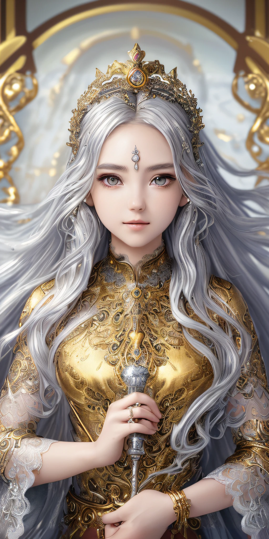 a close up of a woman with long hair wearing a gold dress, goddess. extremely high detail, a beautiful fantasy empress, 8k high quality detailed art, hyperdetailed fantasy character, ((a beautiful fantasy empress)), detailed fantasy art, fantasy art style, portrait knights of zodiac girl, extremely detailed goddess shot, 2. 5 d cgi anime fantasy artwork