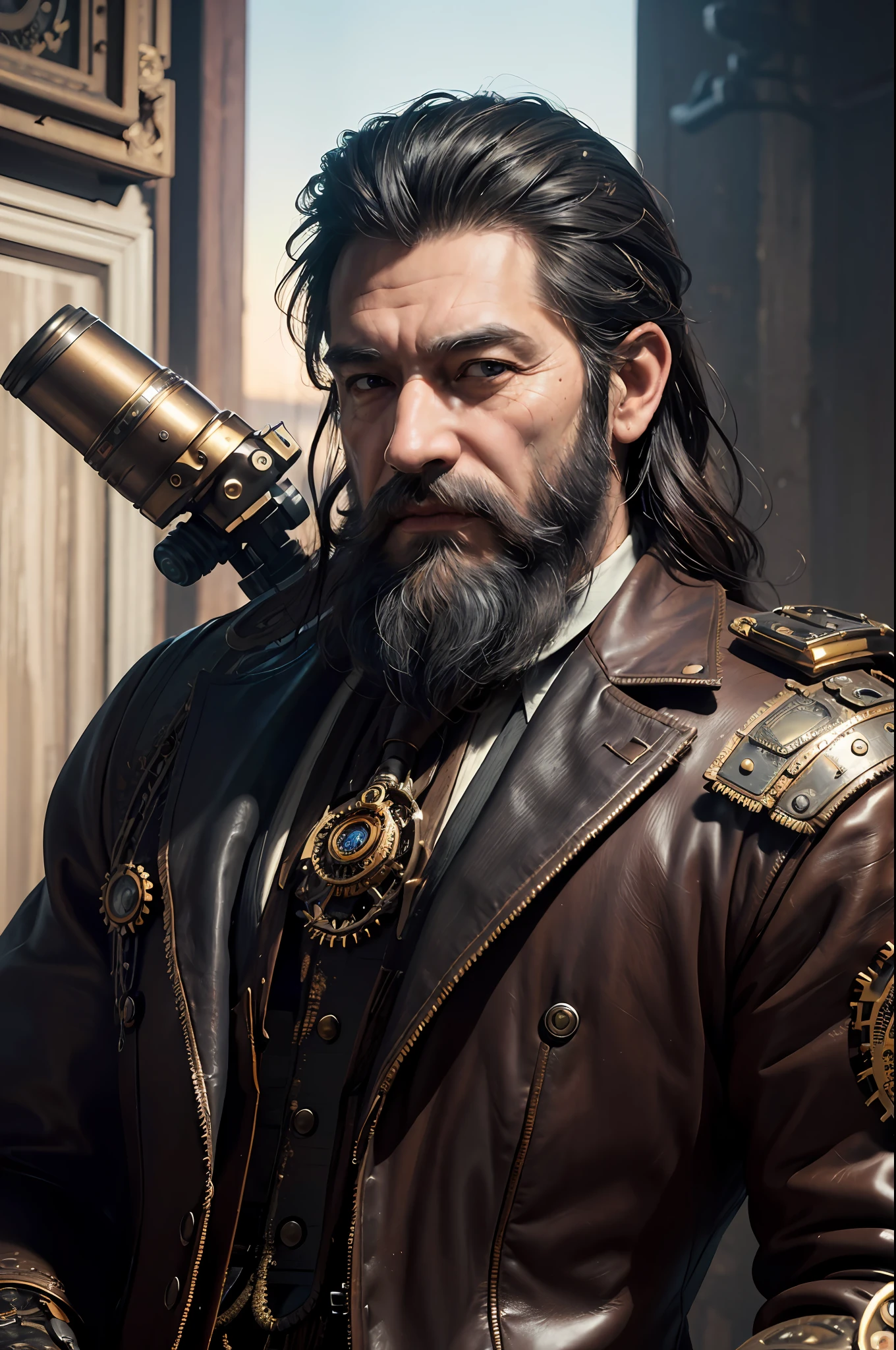 ((Masterpiece))), ((Best Quality))), ((Ultra Detailed)), (Surreal), (Highly Detailed CG Illustration), Cinematic Light, Realistic, Handsome Old Man, (Wrinkled Face and Beard), Intricate Details, Full View, Weapon, Robotic Arm, Cinematic Quality, Full Body, Short Black Hair, ((Steampunk))