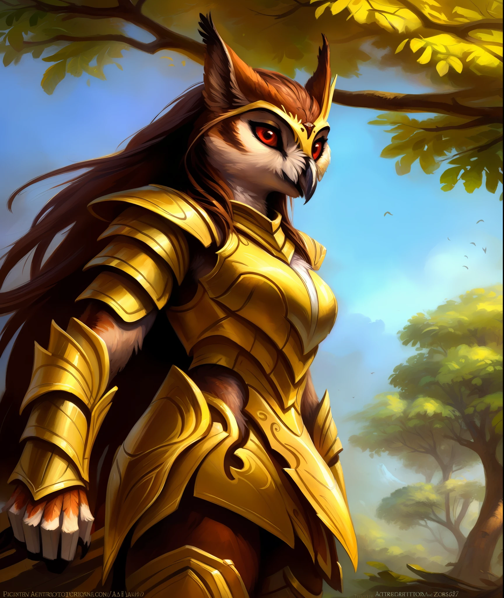(12k, Best Quality, Masterpiece), Epic and Beatiful Portrait of a Warrioress Antro owl, tyto, female, (((Majestic Golden Armor))), arms are winged, feathers, long hairs, Shining Mane, Red Eyes, Heroic Character, Kenket, Zaush, Popular on Artstation, Posted on E621, The Great Tree in the Background