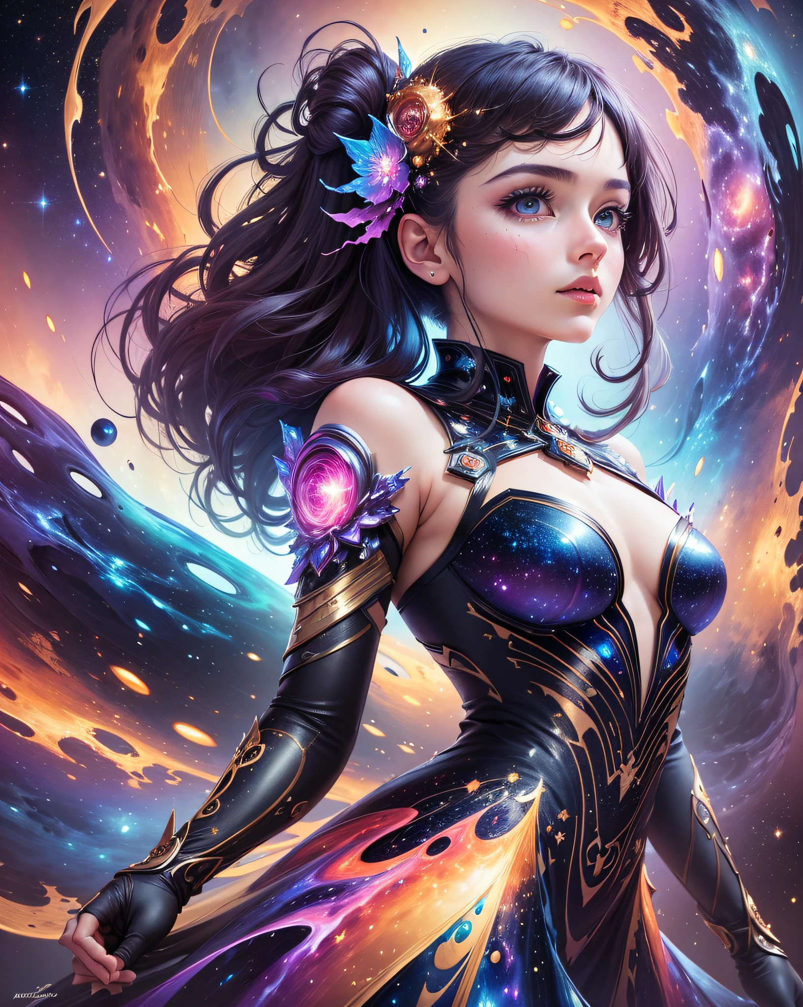 ((best quality)), ((masterpiece)), (detailed), (abstract art:1.3), 1girl, cosmic dress, cosmic beauty, in space, nebula, dynamic pose, upper bosy