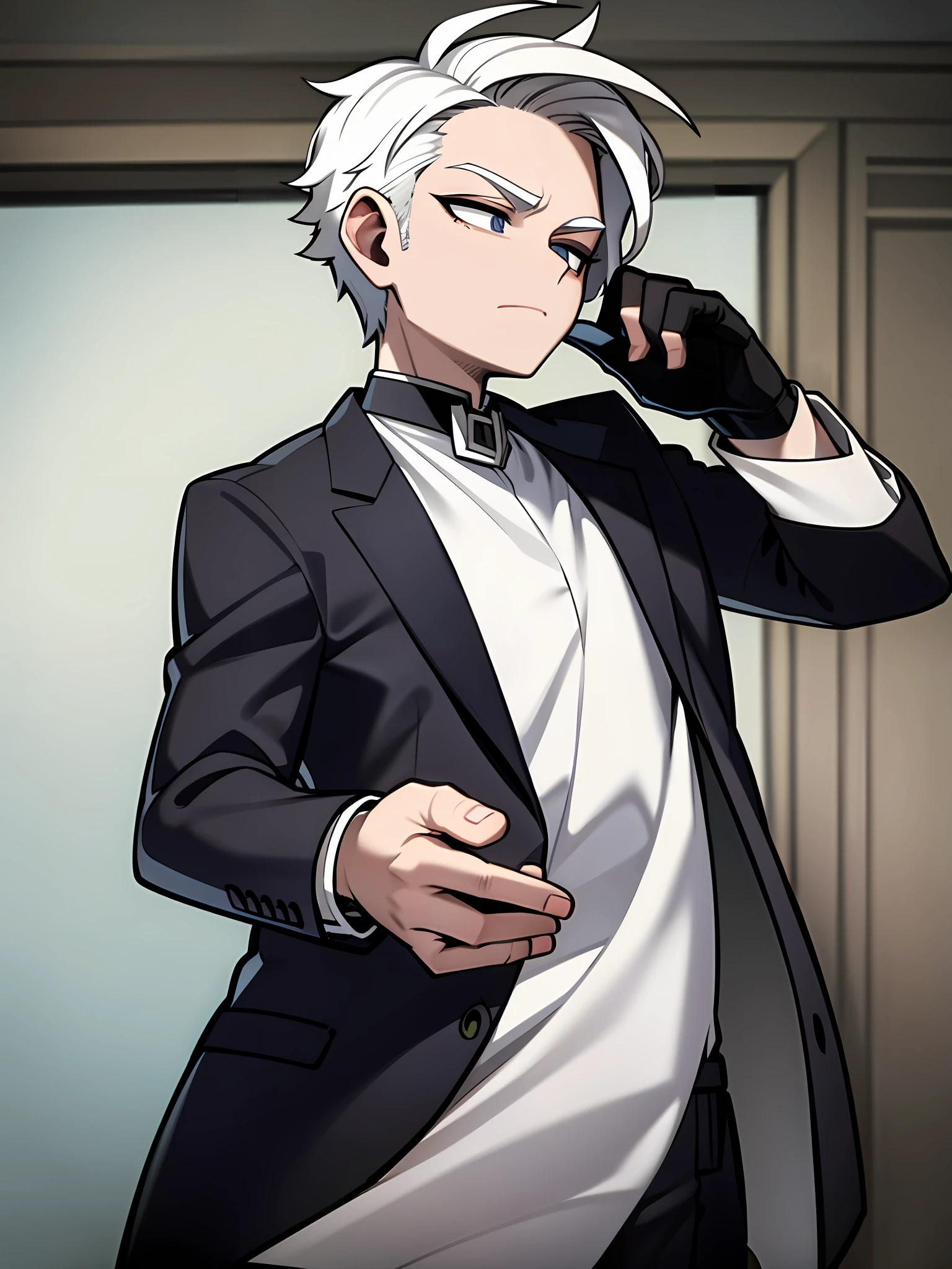 Boy, indifferent, black suit, short white hair, haughty, black eyes