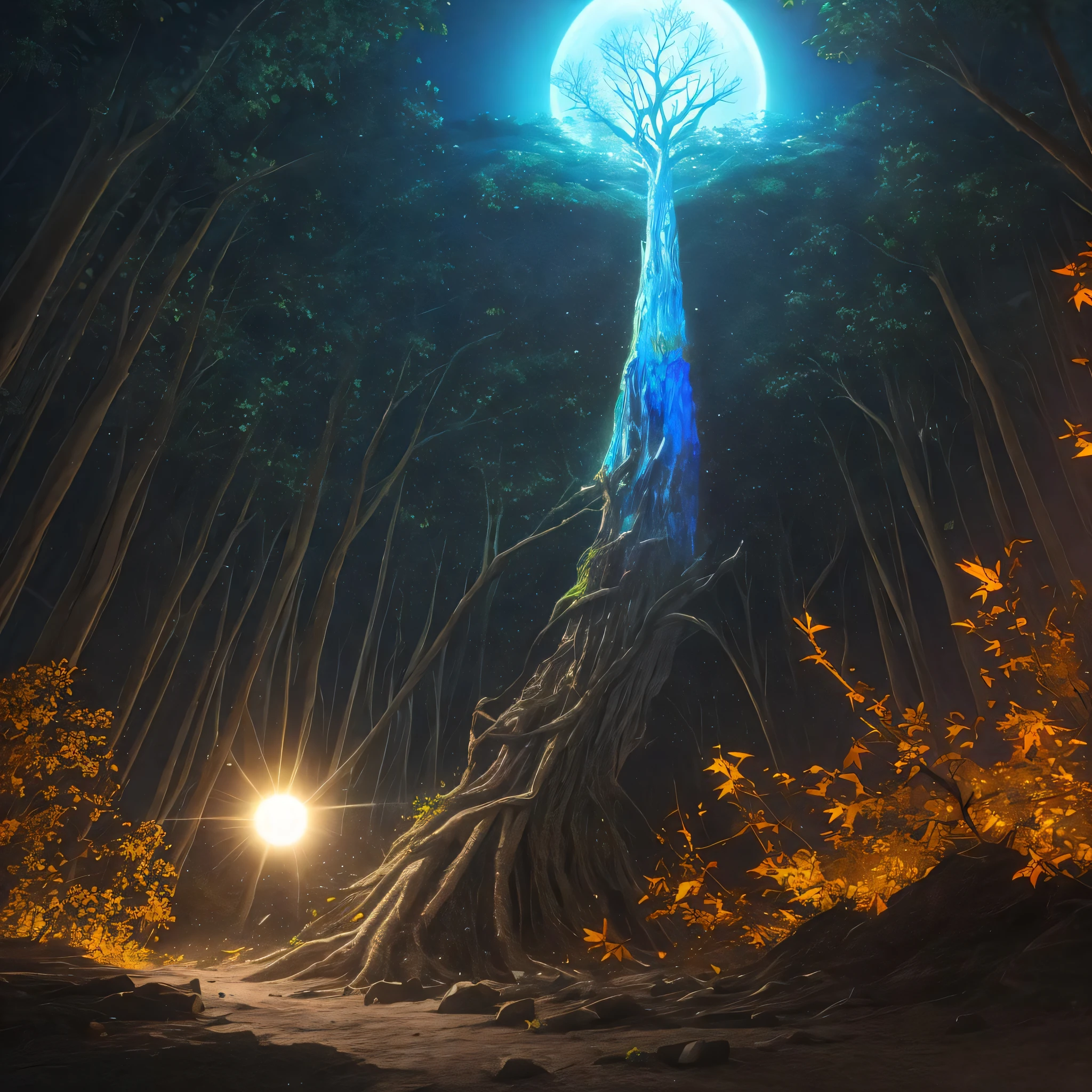 Masterpiece, best quality, desert, eclipse, lens_flare, glowing blue giant tree, world tree, magical, glowing multicolored leaves falling, world collapsing, multiverse, highly detailed and intricate art