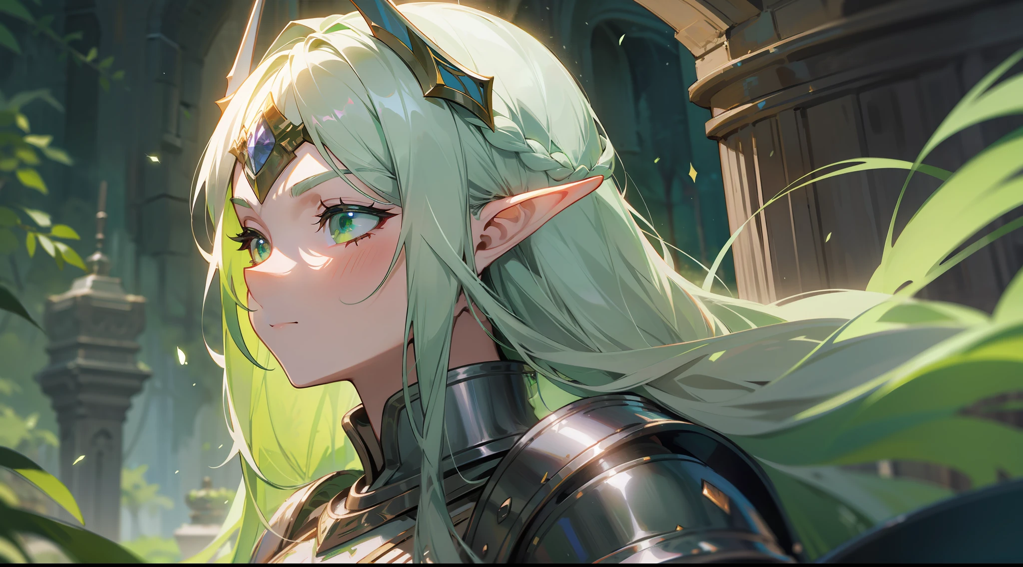 elf, long braided green hair, green eyes, paladin, silver heavy armor, heroic pose, serene expression, fantasy, medieval, night, moon, dungeon, lens reflection