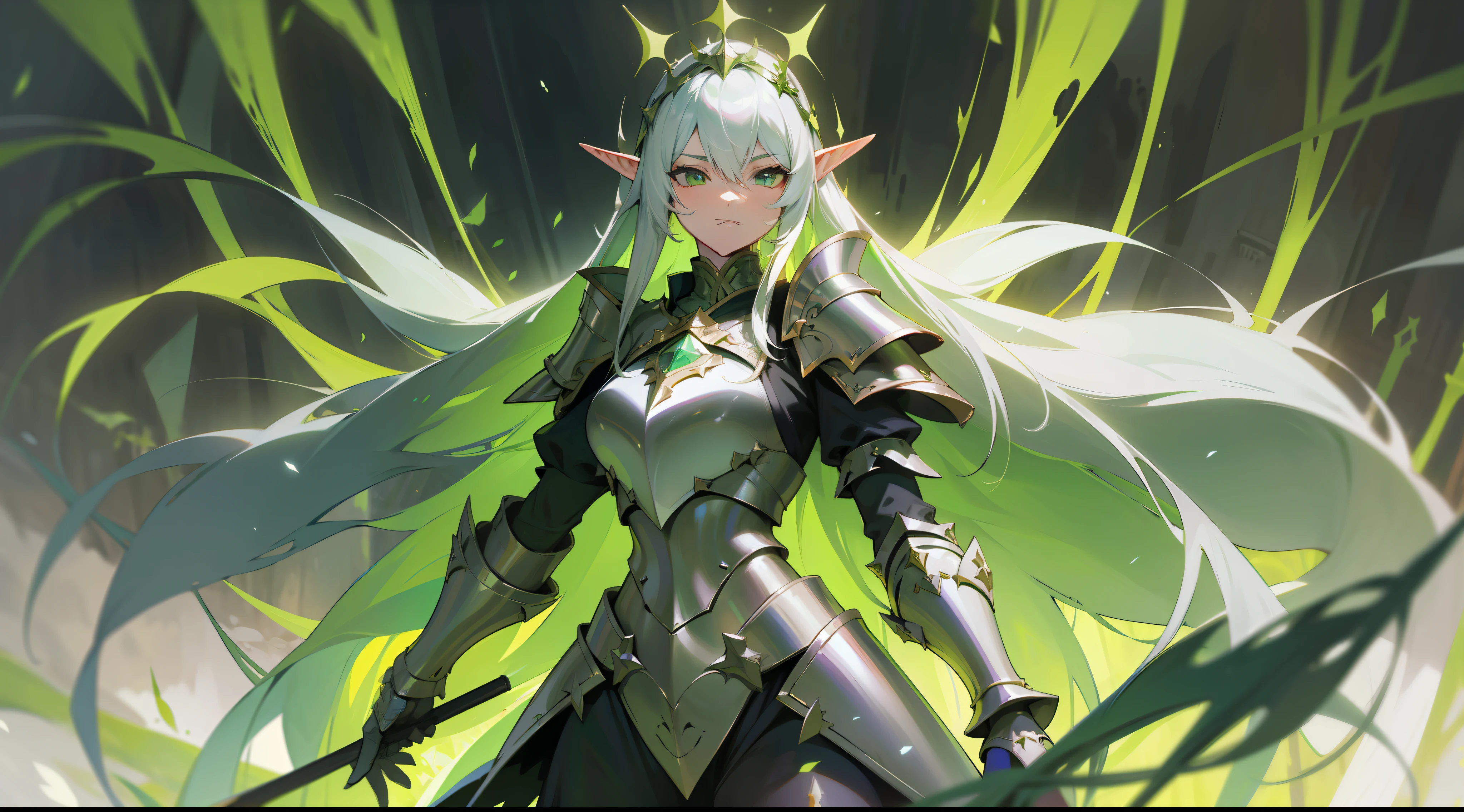 elf, long straight green hair, green eyes, paladin, silver heavy armor, heroic pose, full body, serene expression, fantasy, medieval, dark dungeon, lens reflection