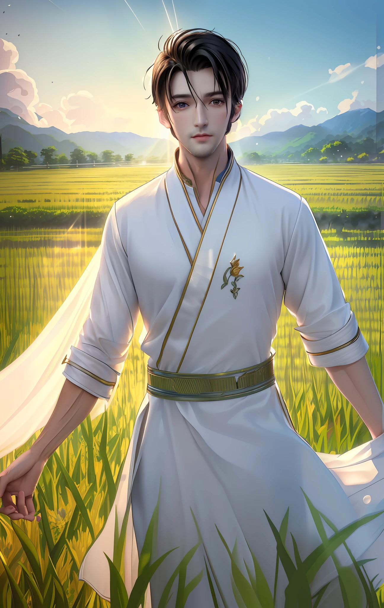 ((masterpiece:1.2, best quality)), 1man, adult, mature, (handsome:1.4), very short hair, forehead, white suit, Forest, flowers blooming, glowing, Sunlight, best light and shadow, Scenery, extremely detailed face, portrait, (muscle:1.4, broad shoulders:1.4)...