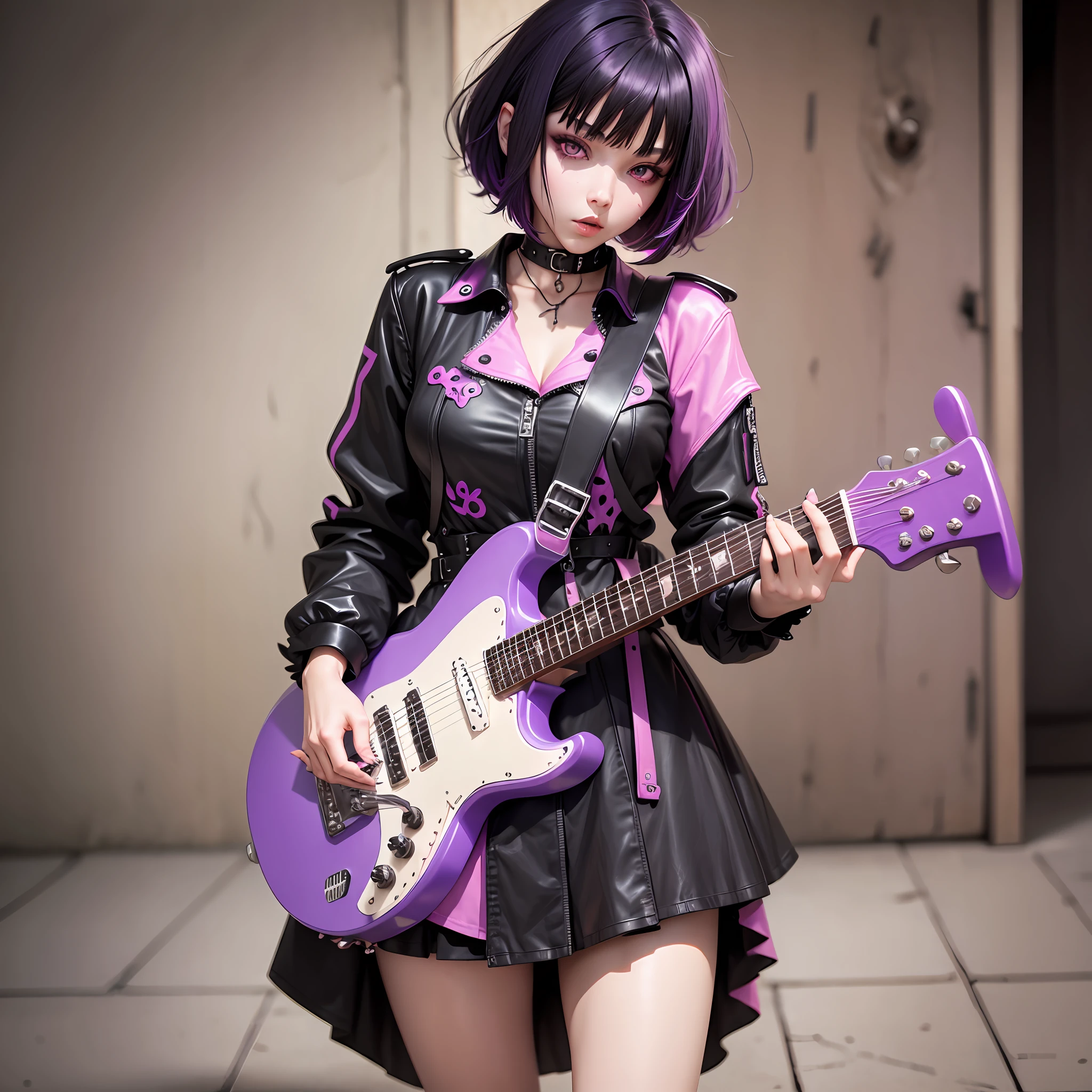 Medium black hair with a front purple bang,white skin with pink eyes, guitar on her back, goth clothes --auto --s2