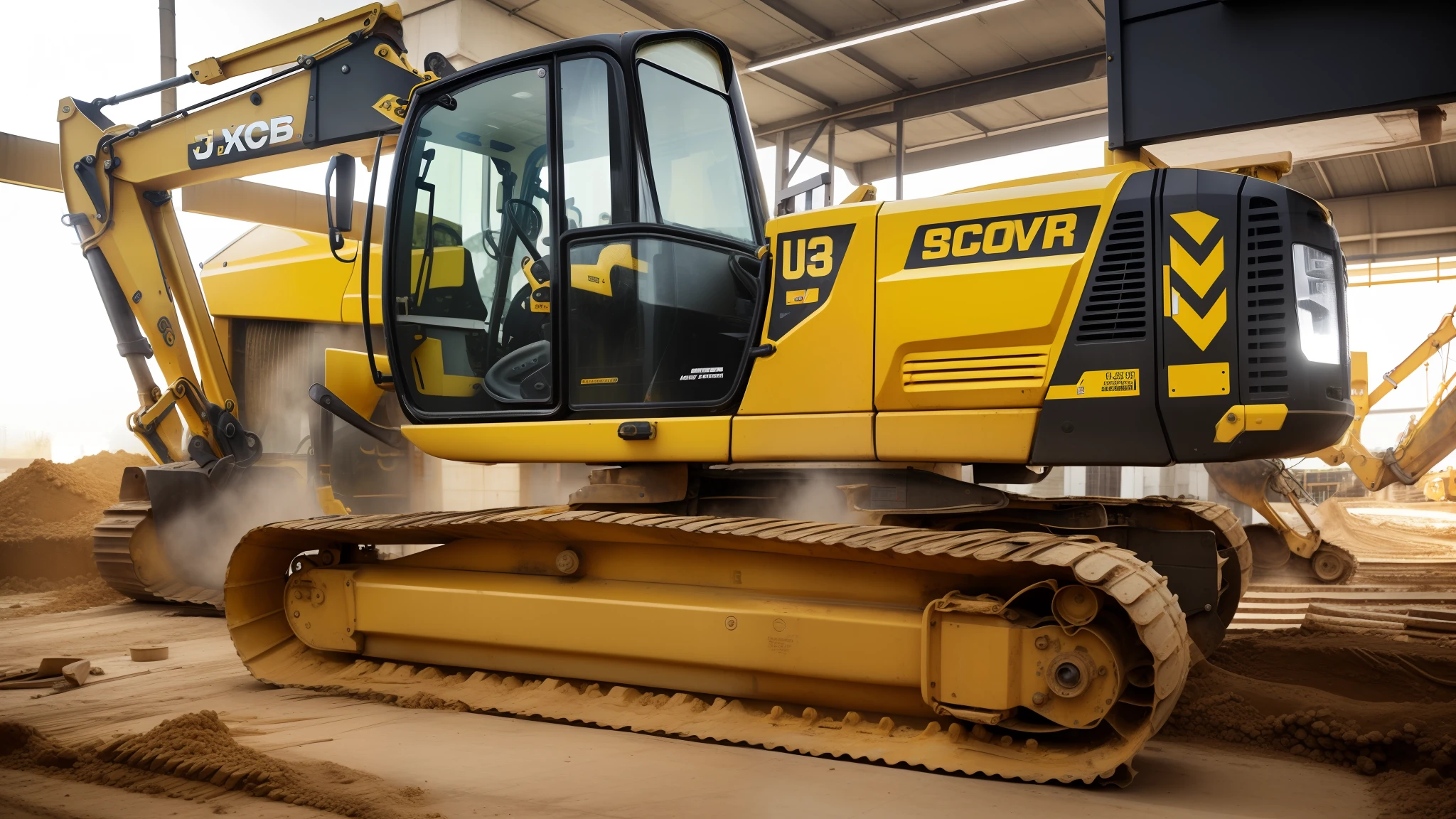 a close up of a yellow and black excavator parked in a garage, heavy machinery, jcb, big shovel, front-view, side front view, massive construction machines, side-view, side - view, powerful and huge, profile close-up view, front top side view, high detail!!!, left profile, high detail!!, underbody