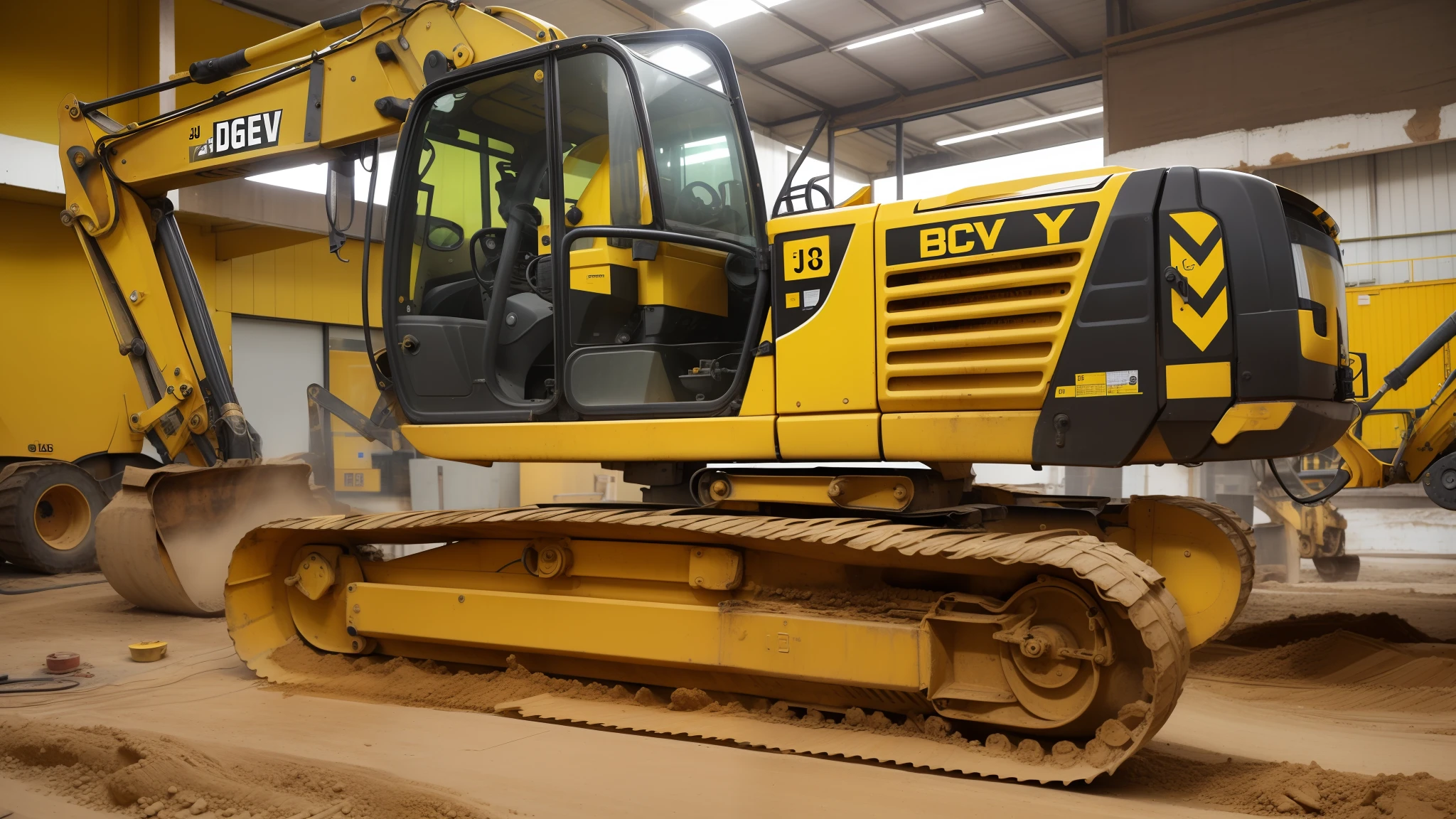 a close up of a yellow and black excavator parked in a garage, heavy machinery, jcb, big shovel, front-view, side front view, massive construction machines, side-view, side - view, powerful and huge, profile close-up view, front top side view, high detail!!!, left profile, high detail!!, underbody