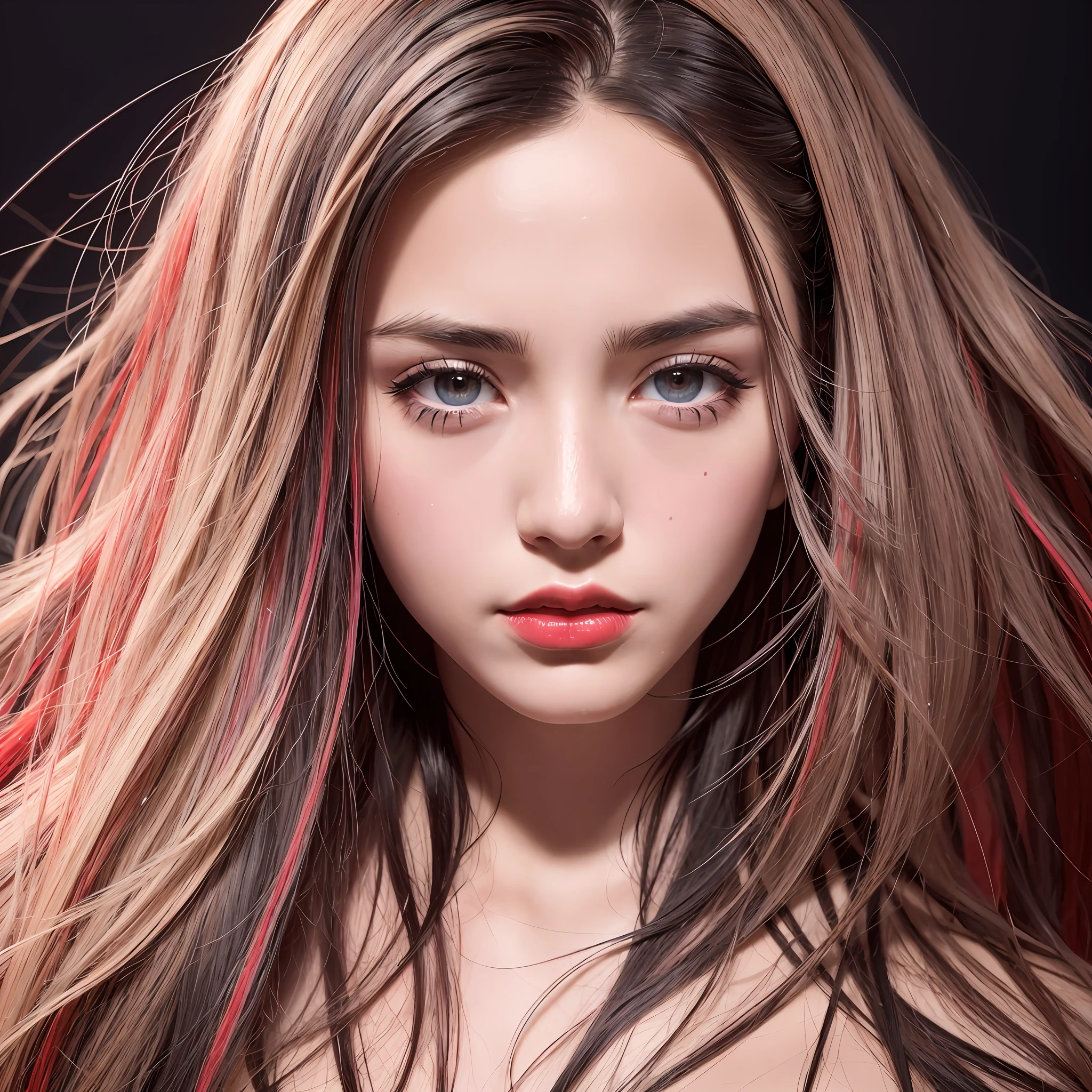 striped hair, hair between the eyes, mismatched pupils, makeup, smell, red lips, high detail, surrealism, color field painting, chiaroscuro, depth of field, chromatic aberration, glowing light, backlight, character figure, uhd, retina, masterpiece, uhd, retina, masterpiece, ccurate, anatomically correct, textured skin, super detail, high quality, award-winning, best quality, high-resolution, 1080p, HD, 4K, 8K, 16K ,upper body --auto --s2