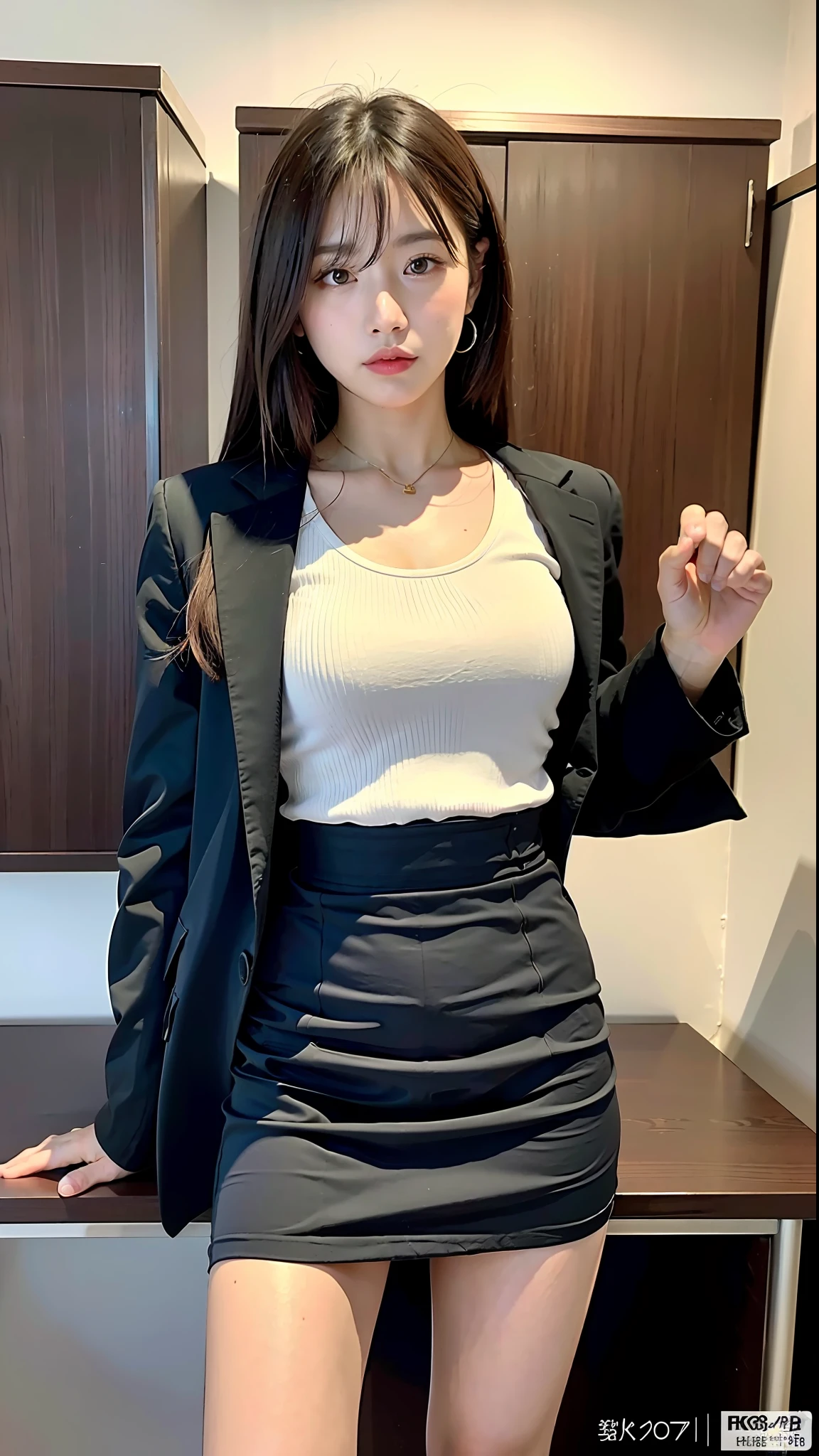 (Top Quality, 8k, 32k, Masterpiece, UHD: 1.2), 1 girl, 18 years old, beautiful Japan woman, big, constricted waist, open jacket, office lady, mini skirt, beautiful legs, office, desk,