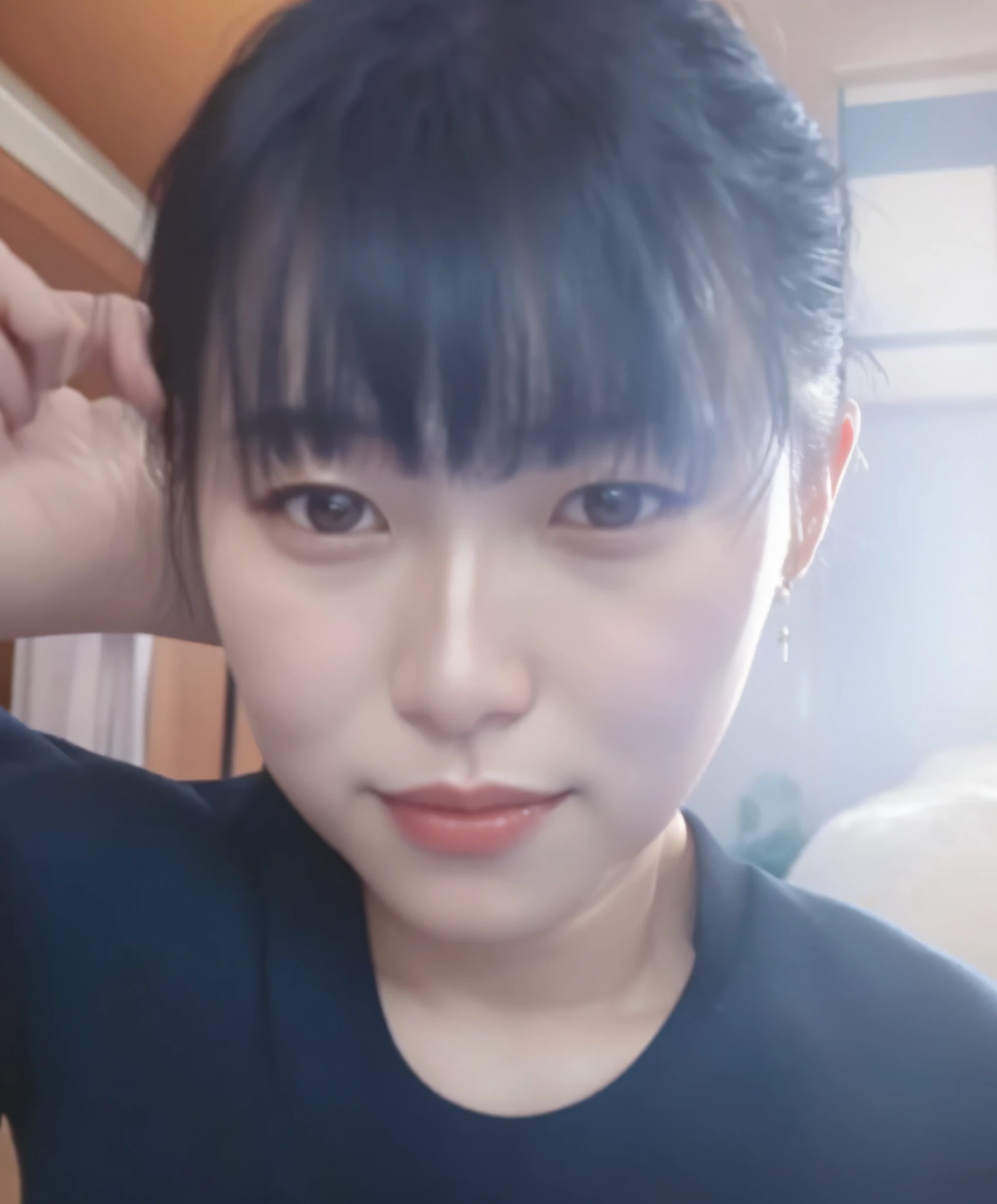 there is a woman that is taking a selfie with her cell phone, 3 0 years old woman, 30 years old woman, xintong chen, she has black hair with bangs, with short hair, 奈良美智, chiho, 38 years old, korean woman, chinese woman, heonhwa choe, with bangs