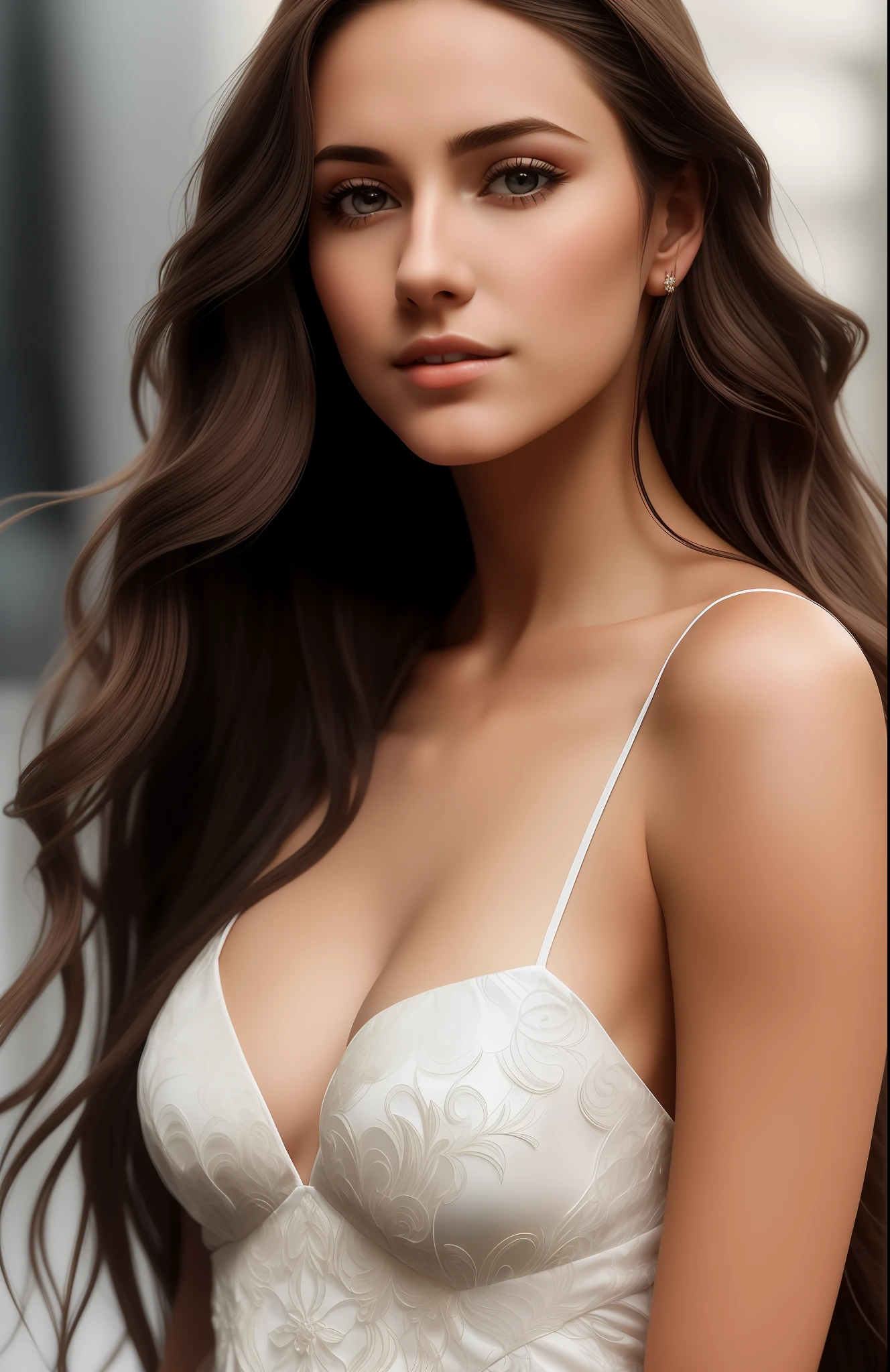 a close up of a woman with long hair wearing a white dress, hair floating covering chest, beautiful body and face, beautiful detailed body and face, cleavage, decolletage, beautiful upper body, photo of a beautiful woman, sexy young woman, brunette woman, beautiful young woman, young beautiful woman, beautiful woman with long hair, gorgeous woman, wavy beautiful hair
