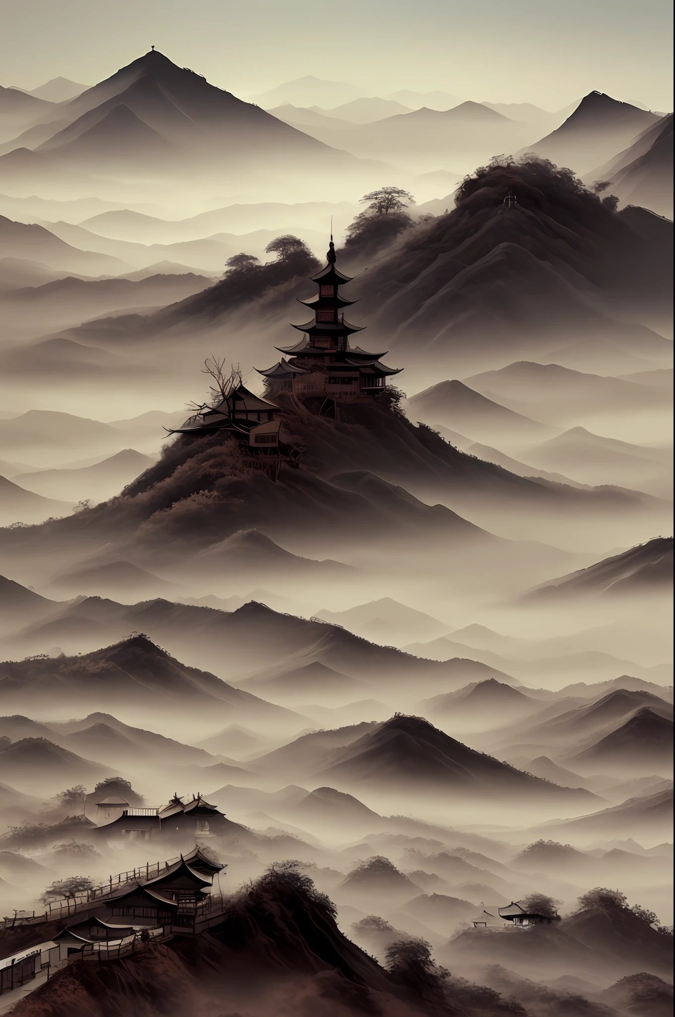 A very detailed ink landscape painting,
landscape
Vintage, Dreamy, Ink Danqing, Traditional Chinese Ink Painting, Chinese Ink Painting, Painting, He Jalin Ink Style, Brush Strokes Old and Delicate, Trend in Art Station, UHD, ((Quentin de Warren)))):1.8, atmosphere, brightness