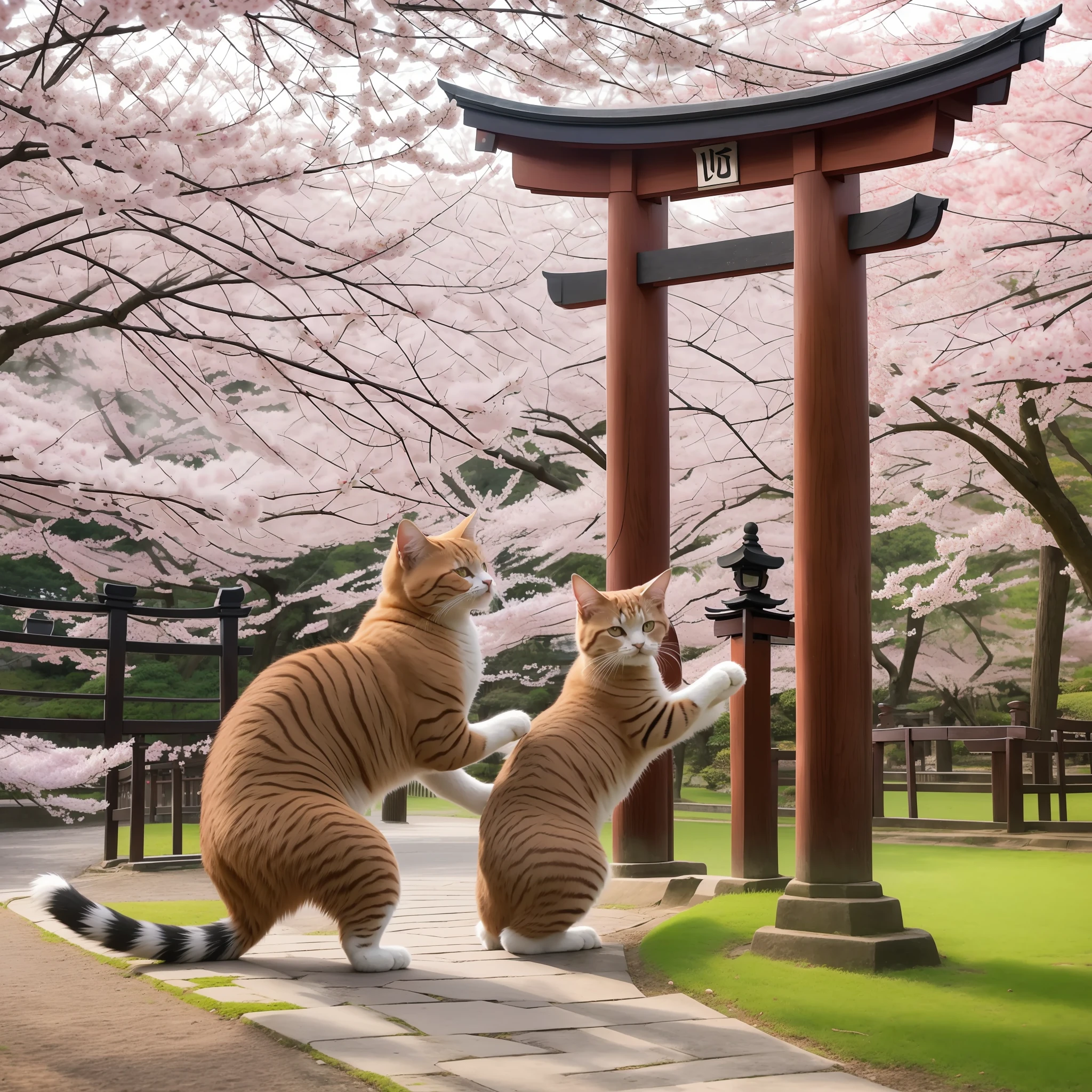 A beckoning cat wrestling in front of a torii gate where the rising sun with a blizzard of cherry blossoms --auto --s2