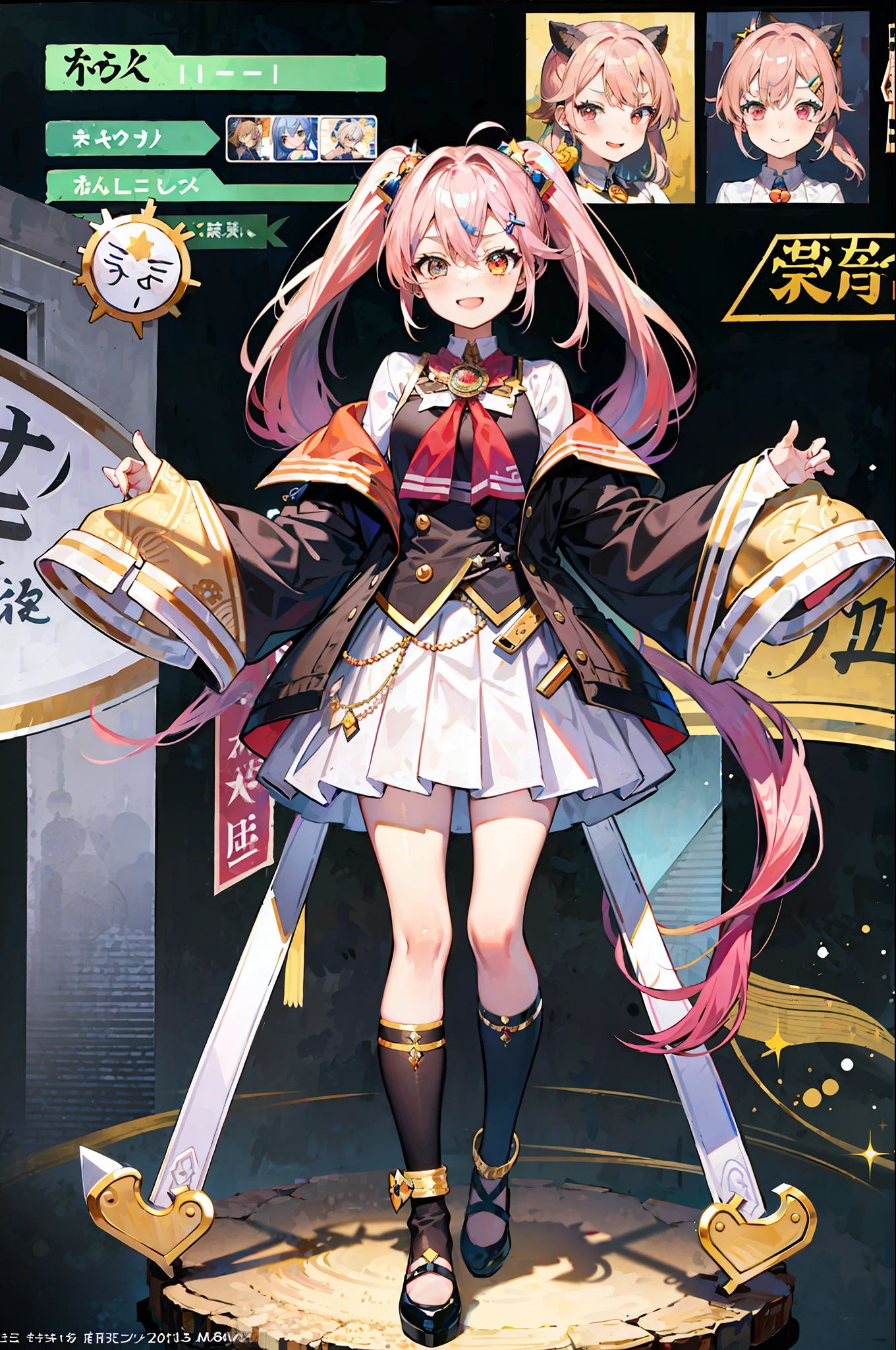 Masterpiece, Best, Full Body, 1girl, Blush, Eyebrows visible through hair, Gradient hair, gyaru, Jewelry, Double ponytail, Skirt, Smile, Character Design, Unique, Tech