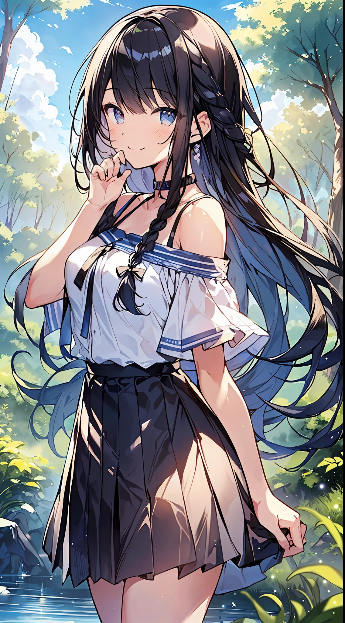 Top Quality, Masterpiece, Ultra High Definition, 8K, Summer Sky, Early Summer, ((Short Sleeve Cutter Shirt, Pleated Skirt), Shojo Manga Style Loli, One, Soft Line Art, Digital Enhancement, Shojo Manga Touch, Shojo Manga Core, Flowing Fabric, Close Up, (Shoulder Length and Short Braid)), Wet Hair, Staring at us from the front, Soft Drawing, Beautiful Black Hair, Clear eyes, (((teasing smile)), ultra-detailed digital anime art, clear face depiction, ultra-detailed shojo manga character art, ultra-detailed manga style, top quality colors, hand gestures, landscape with nature, looking up at the sky, sd character