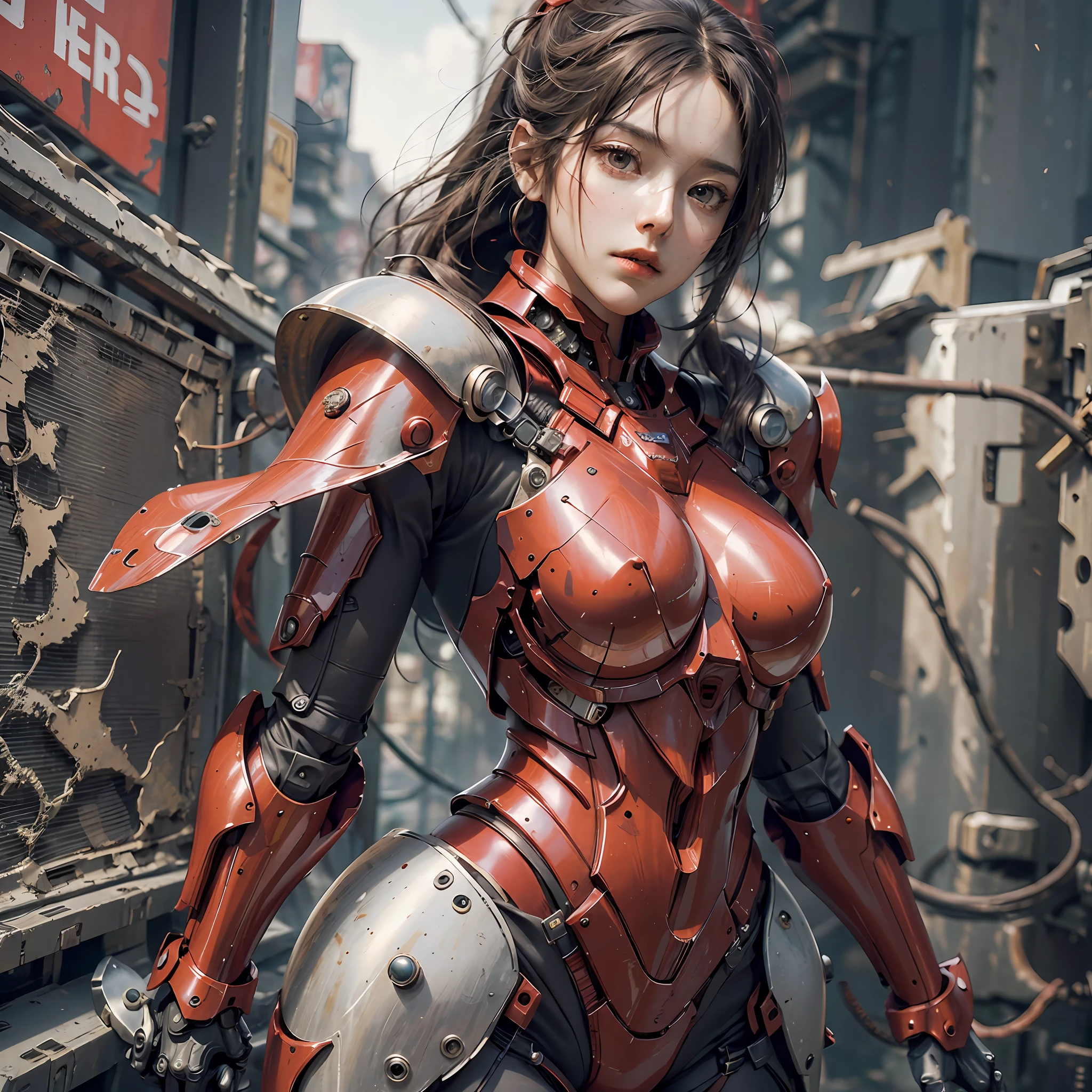 (masterpiece), (best quality), photorealism, realistic, ultra detailed, perfect face, perfect body, 1girl, beautiful girl, girl in red armor, mechanical armor, exoskeleton, stand, cool pose, sexy