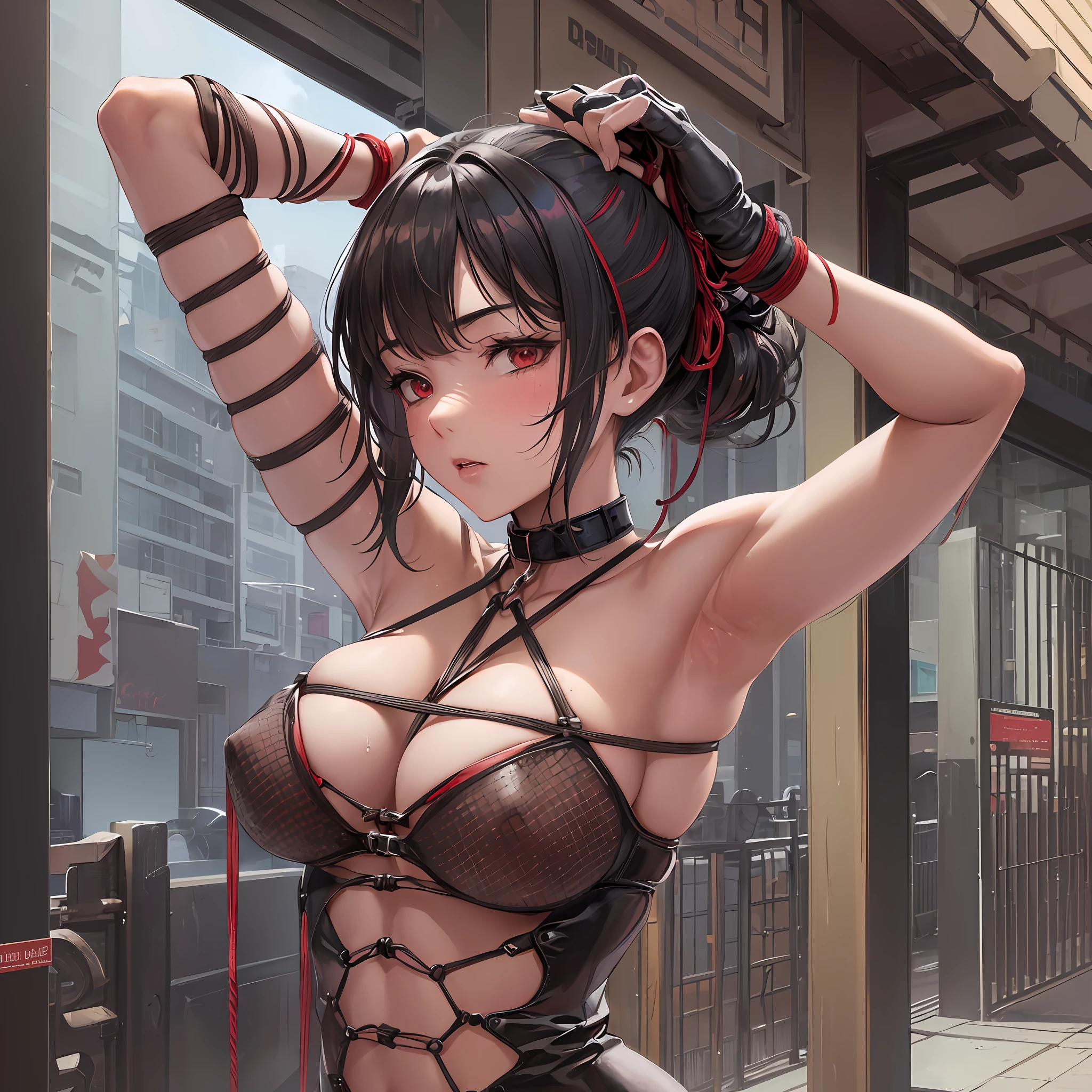 ((in public))), BDSM,slave,lingerie,bondage,(black collar),see-through bra,panties,(arms tied with hemp rope),(NSFW:1.3),(Shibari),red rope bondage,biomechanical,(Box tie),((woman with her hands tied behind her back)),((There are passers-by) )、 --auto --s2