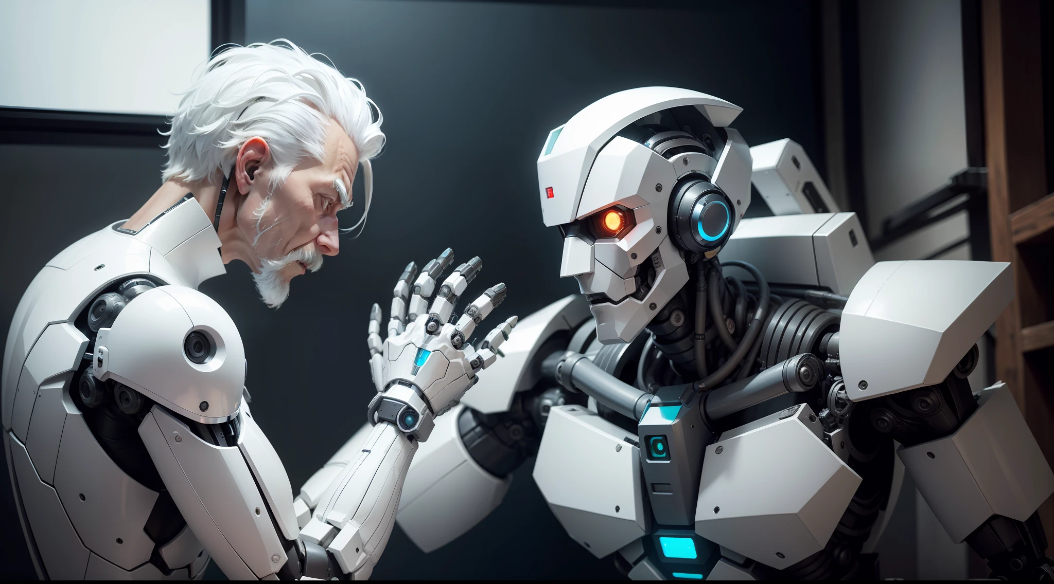 A robot is assembling its own hands, human hands, machine body, white-haired old man's head, mechanical body, assembled