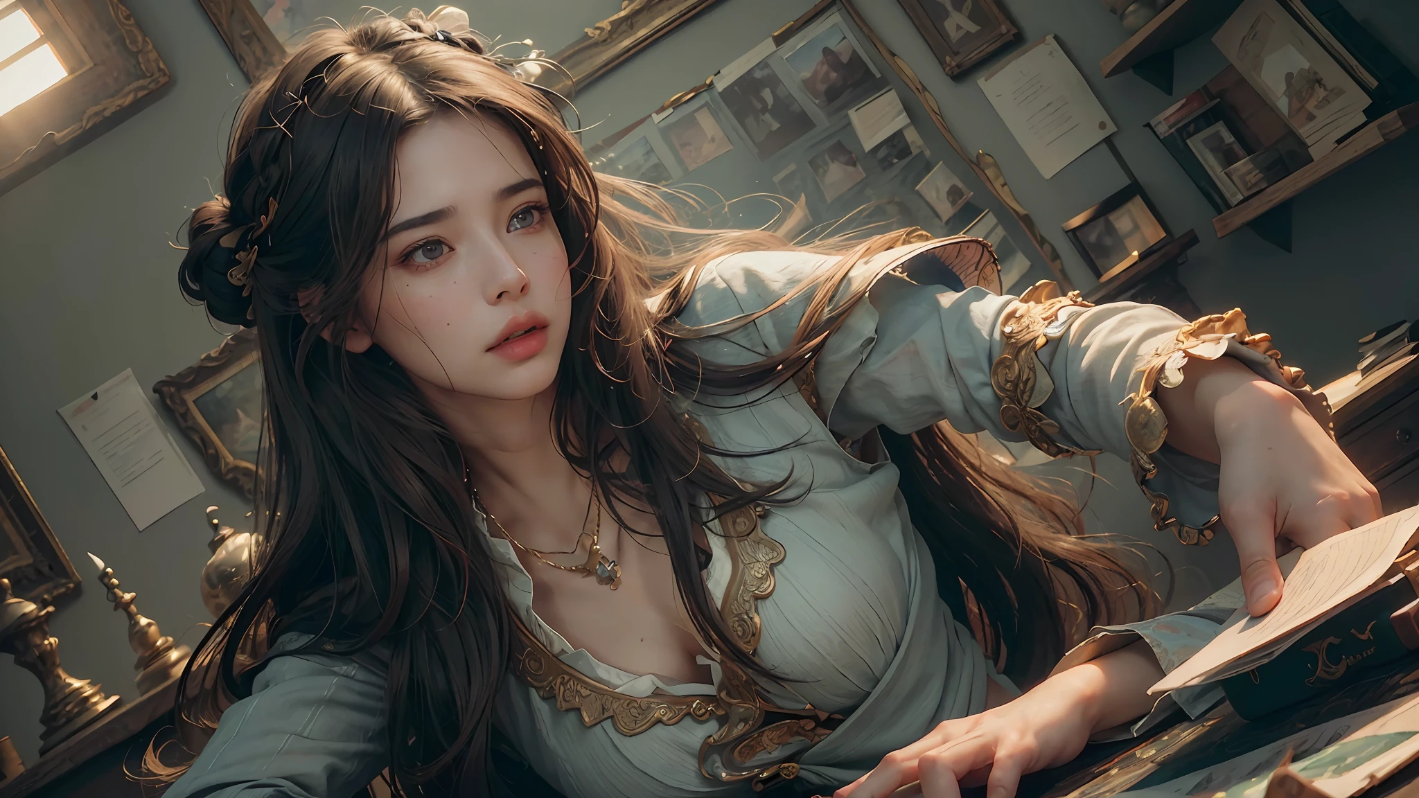 (RAW photo, best quality), (realistic, photo-realistic:1.3),best quality,highly detailed,masterpiece,ultra-detailed,illustration,1girl,upper_body,dynamic angle,world masterpiece theater,messy_long_hair,best quality,extremely detailed CG unity 8k wallpaper,ink,Amazing,cinematic lighting,lens_flare,,dunhuang_style