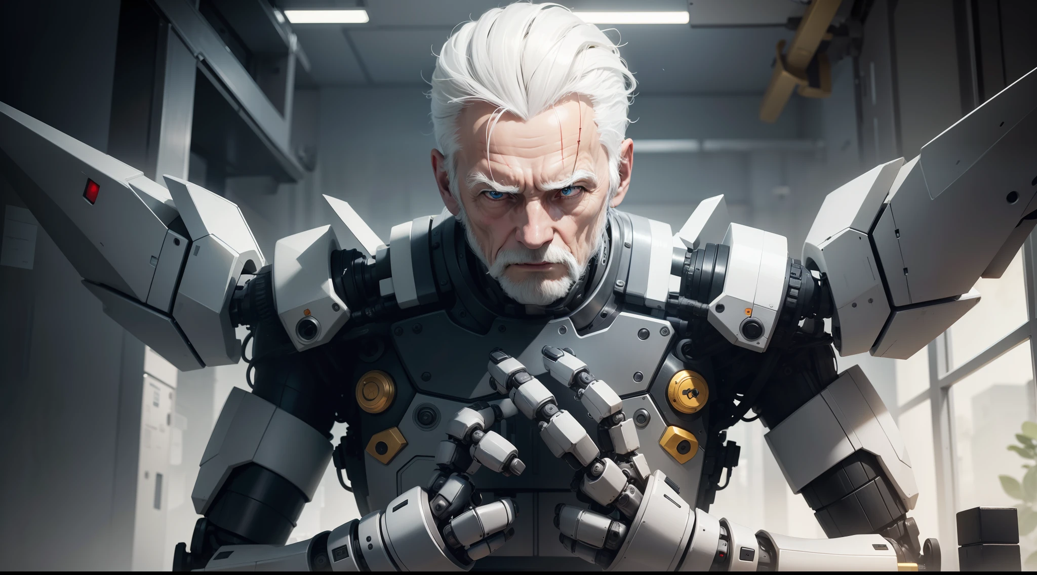 A robot is assembling its own hands, human hands, machine body, white-haired old man's head, mechanical body, assembled