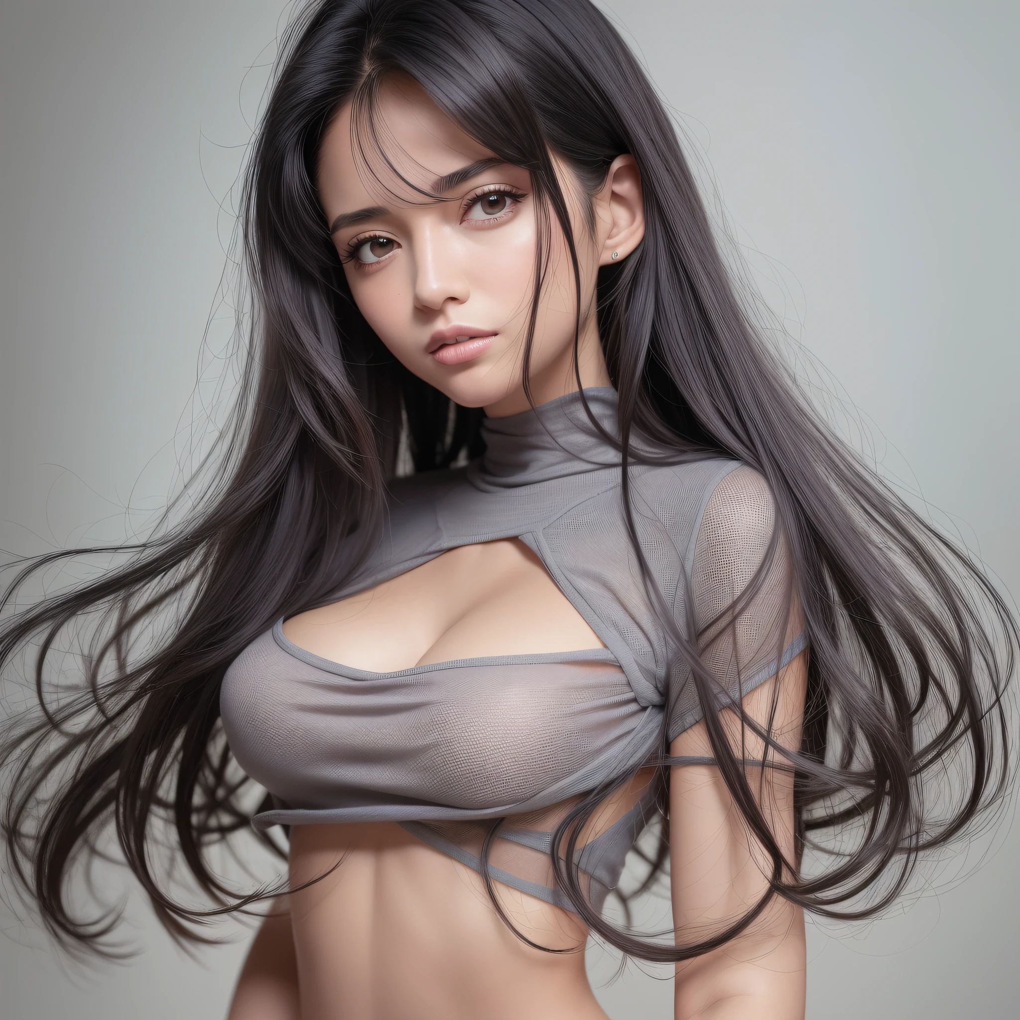 slim woman, big clothes, slim legs, hospital clothes, short hair, disease, Pajamas, black hair, asymmetrical hair, white eyes, smile, happy, Hyper realism, anime style, Realism, anatomically correct, textured skin, best qualified