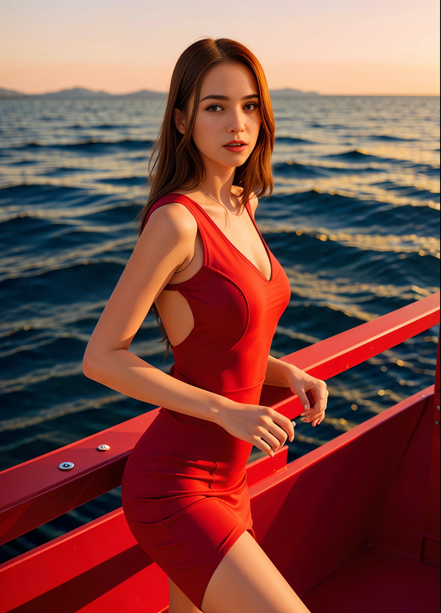 araffe woman in a red dress posing on a boat, wearing red dress, sexy red dress, wearing a red dress, red dress, photo of slim girl model, tight dress, in a red dress, girl wears a red dress, sexy dress, red short dress, beautiful model girl, very pretty model, beautiful girl model, beautiful model