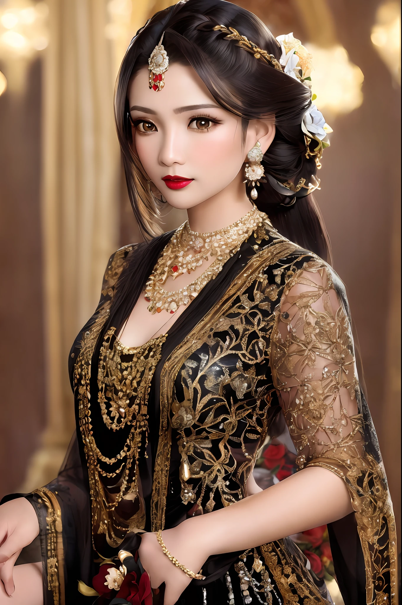 photorealistic,fullbody shot,cinematic shot, studio lighting, shot Phase One, ISO 100,  natural lighting , sharpen , lightroom, fine art photography, hyperdetailed, highly detailed, 8 k,  sharp details on face,  photography, woman,  java wedding woman in black kebaya dress traditional and batik skirt, looking at viewer, jewerly and hair on hair, red lipstick, golden necklace, earrings, ornate, detail, flowers, blurry background, soft focus