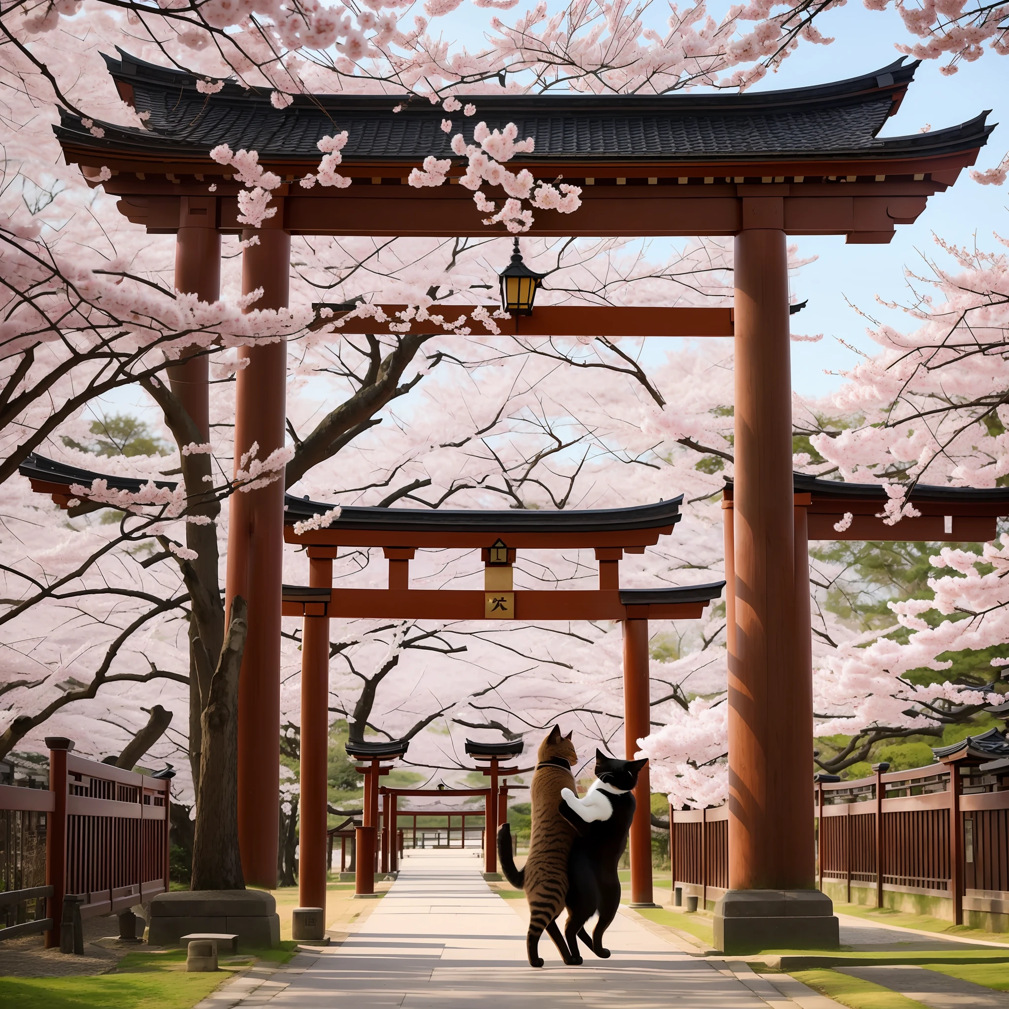 A beckoning cat wrestling in front of a torii gate where the rising sun with a blizzard of cherry blossoms --auto --s2