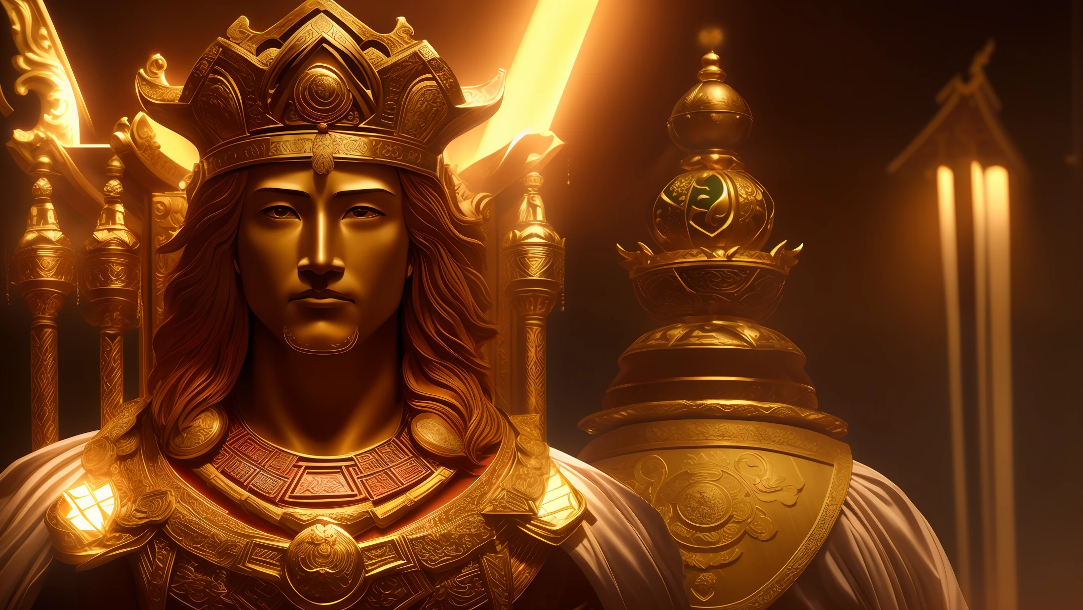 Top Quality, Masterpiece, High Resolution, God of Fortune, Shrine, Photorealistic, Dark Studio, Rim Lighting, Two-Tone Lighting, (High Detail Skin: 1.2), 8K UHD, DSLR, Soft Lighting, High Quality, Volumetric Lighting, Candid, Photo, High Resolution, 4K, 8K, Bokeh, Medium Chest, Full Body,