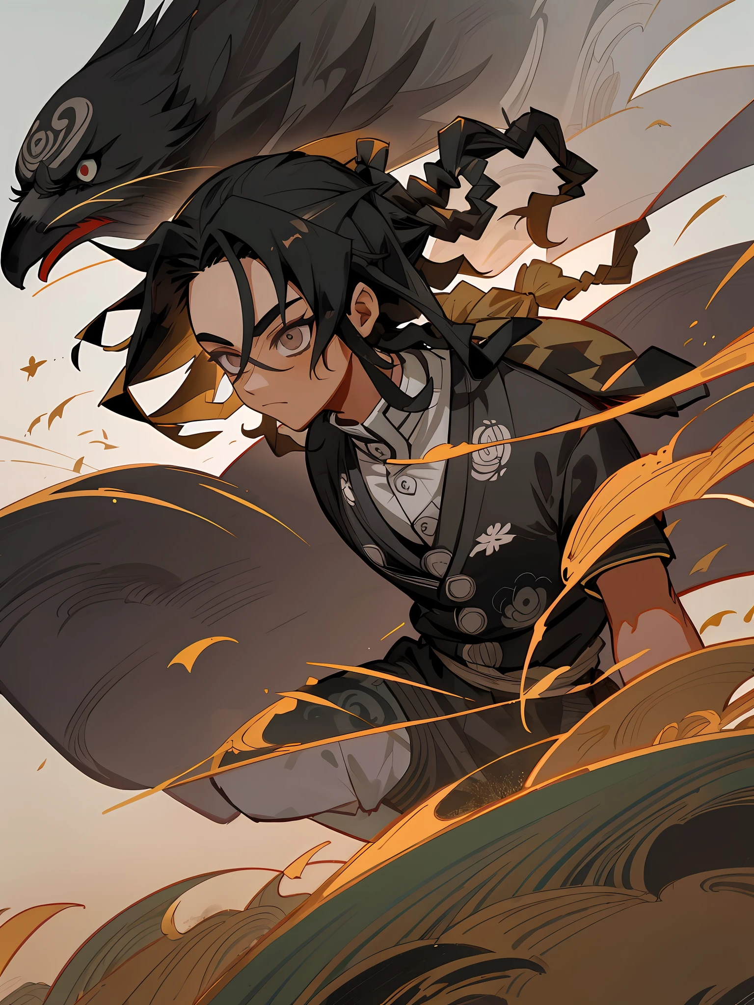 ((masterpiece)),(((best quality))), (((detailed face))), (((black, black skin, dreads, curly, afro, 1man))), (Chinese ink painting), illustration), ((crow on shoulder)), (black skin, brunette), (brown eye), loose hair, quiet look, (((Finnish clothes, alone, 1boy, kimetsu no yaiba style, white shirt))), cinematic lighting, (landscape background, monk, training plain), Qiu Ying style of ancient Chinese artists, soft shadows,  Clear Sharp Focus, Cinematography, Central Composition, Poster Design, Cinematography, Panorama, 32K, -- v 6