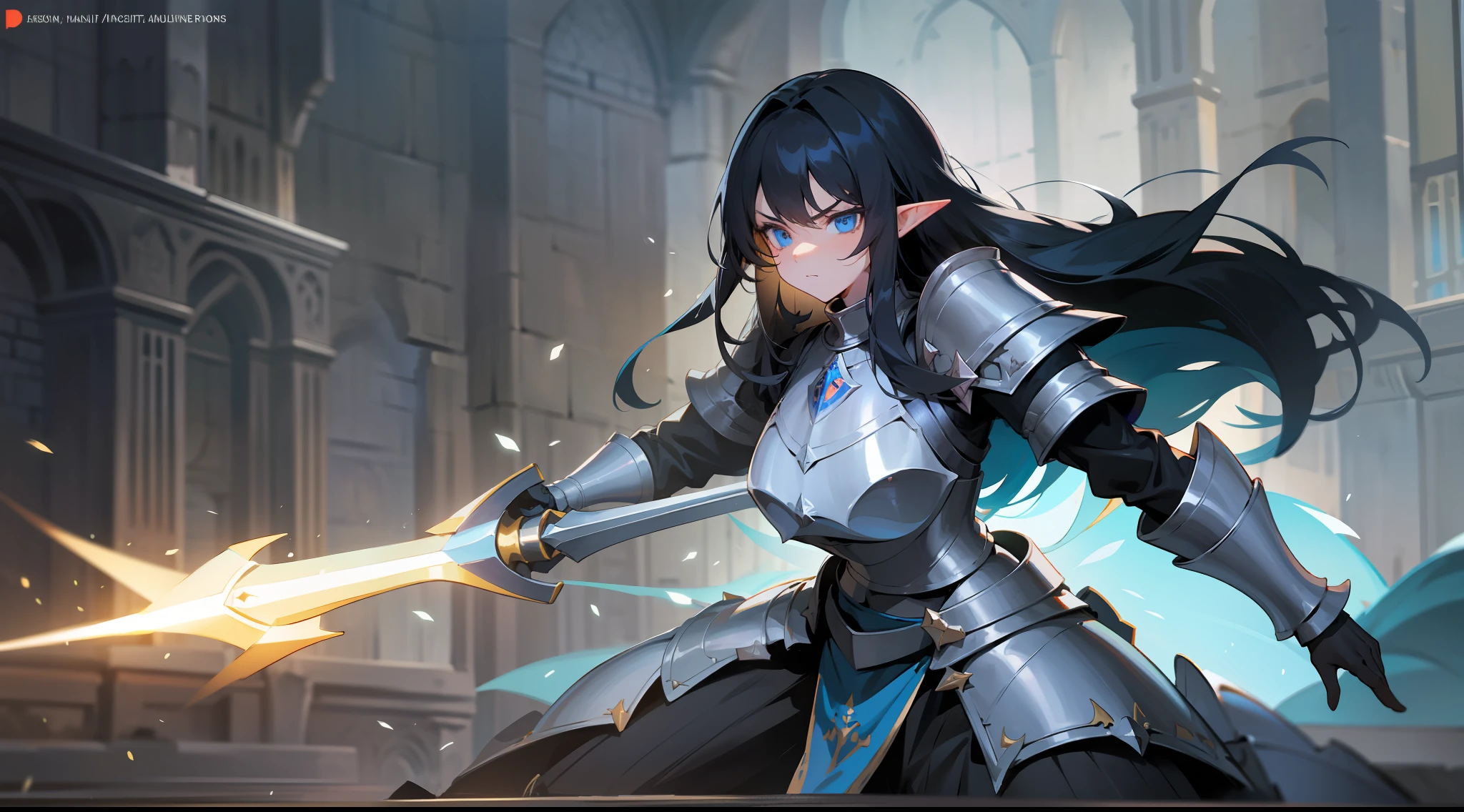 elf, long black hair, blue eyes, paladin, black heavy armor, heroic pose, full body, serious expression, fantasy, medieval, dark dungeon, lens reflection