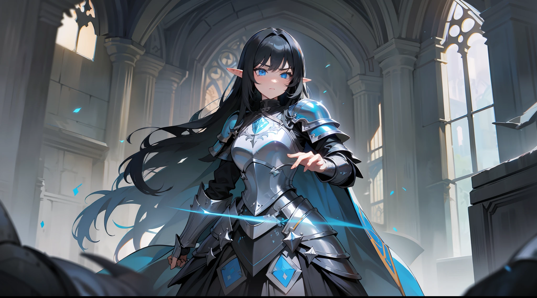 elf, long black hair, blue eyes, paladin, black heavy armor, heroic pose, full body, serious expression, fantasy, medieval, dark dungeon, lens reflection