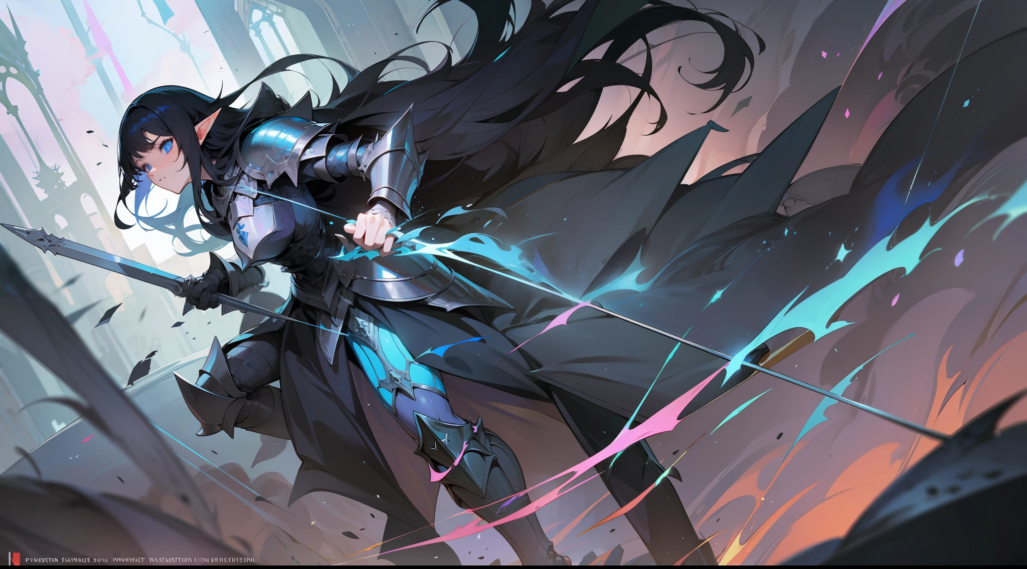 elf, long black hair, blue eyes, paladin, black heavy armor, heroic pose, full body, serious expression, fantasy, medieval, dark dungeon, lens reflection
