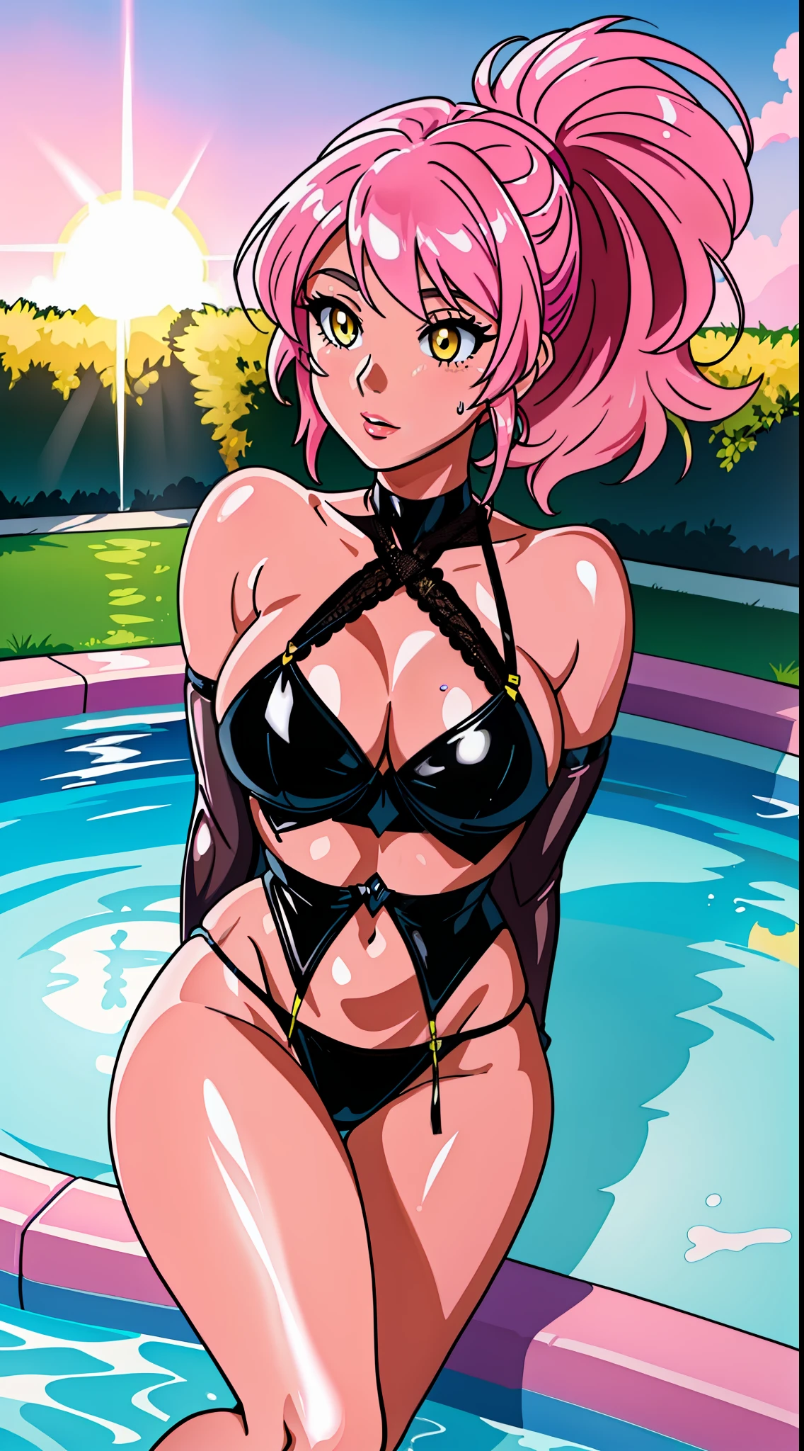 best quality, ultra-detailed, high resolution, extremely detailed CG, anime image, 8K unit wallpaper, ponytail, yellow eyes, pink hair, wet skin and hair, wet black bikini), multiple poses, multiple angle, (shiny skin, shiny hair, detailed and beautiful shiny clothes), pool, sun, blue sky