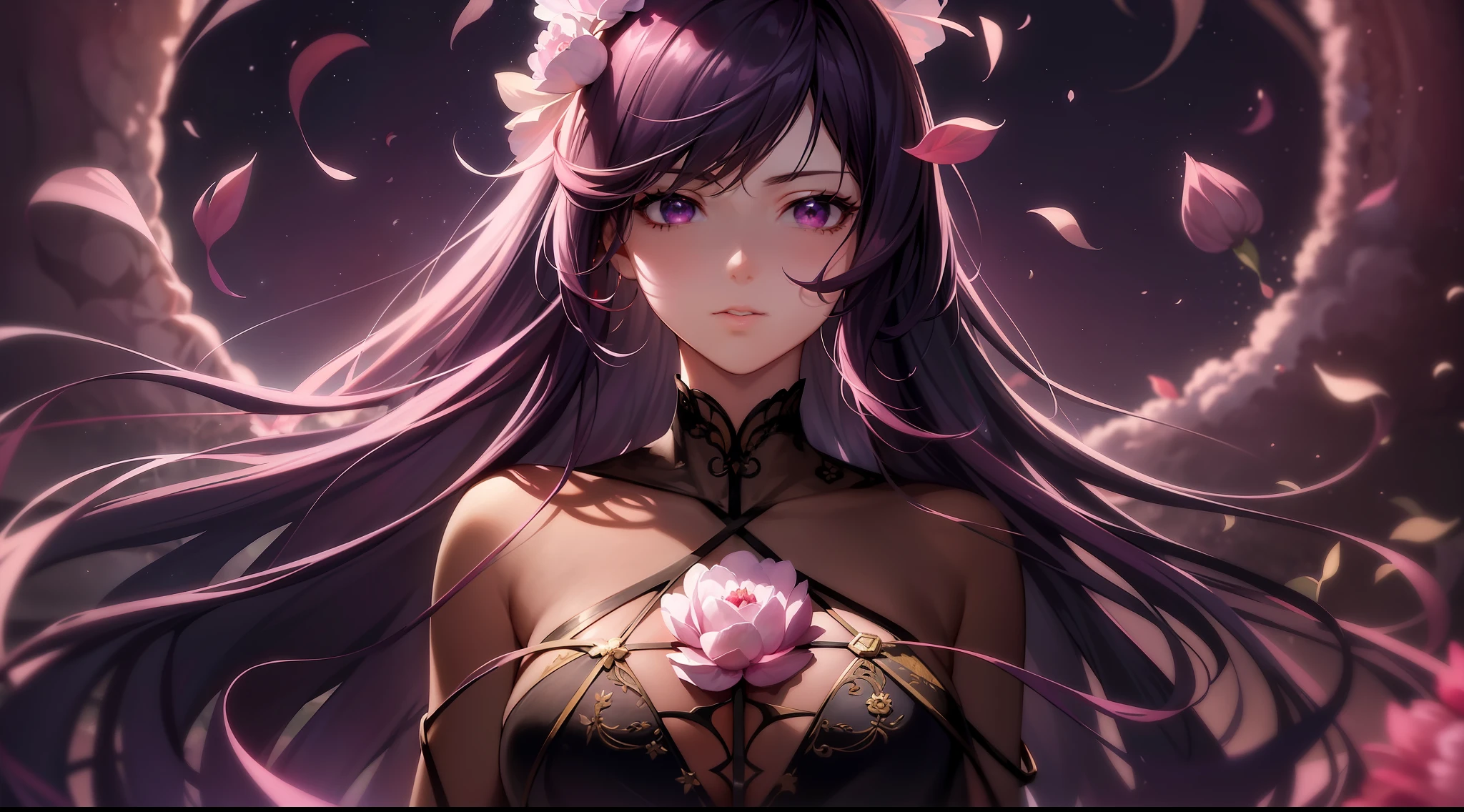 Starry sky, moon, clouds, maiden, long hair, wind, (((there are a lot of reddish-purple))), ((there are a lot of peony flowers)), ((vines), (leaves,,)), (((complex graphics))), (detailed depiction))), (((delicate face))), brilliant colors, (((ultra-fine hair drawing))), ((high definition hair)), (super clear sky))), anime style, chiaroscuro, depth of field, backlight, full-body portrait, dynamic video, stereoscopic perspective, Jeizuo,((Super Detail)), High Detail, High Quality, High Quality, 4K, Best Quality, High Resolution,
